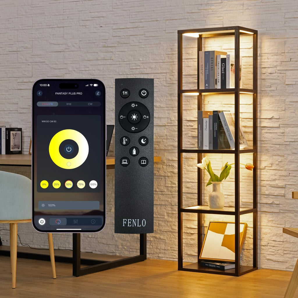 FENLO LED Display Shelf with Lights – Curio Cabinet for Collectibles with Dimmable Lighting, App & Remote Control – 66' Glass Shelf Floor Lamp with Adjustable Color Temps Fantasy Plus Pro