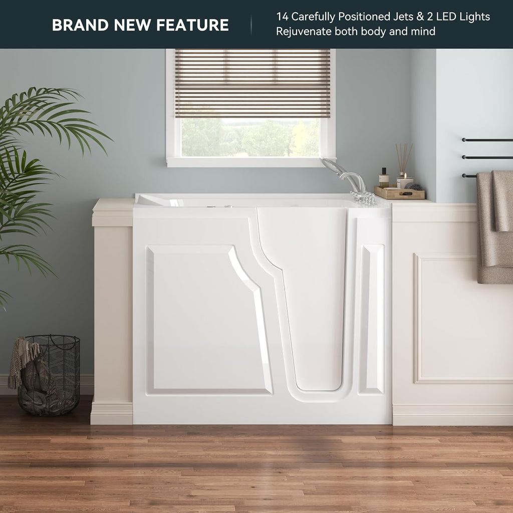 FerdY 52' x 30' Walk-in Whirlpool Bathtub with Right-Side Door Opening, 14 Air & Water Jets, Quick Fill and Drain System, Shower Combo with Rectangular Soaking Bathtub in White, Floridian