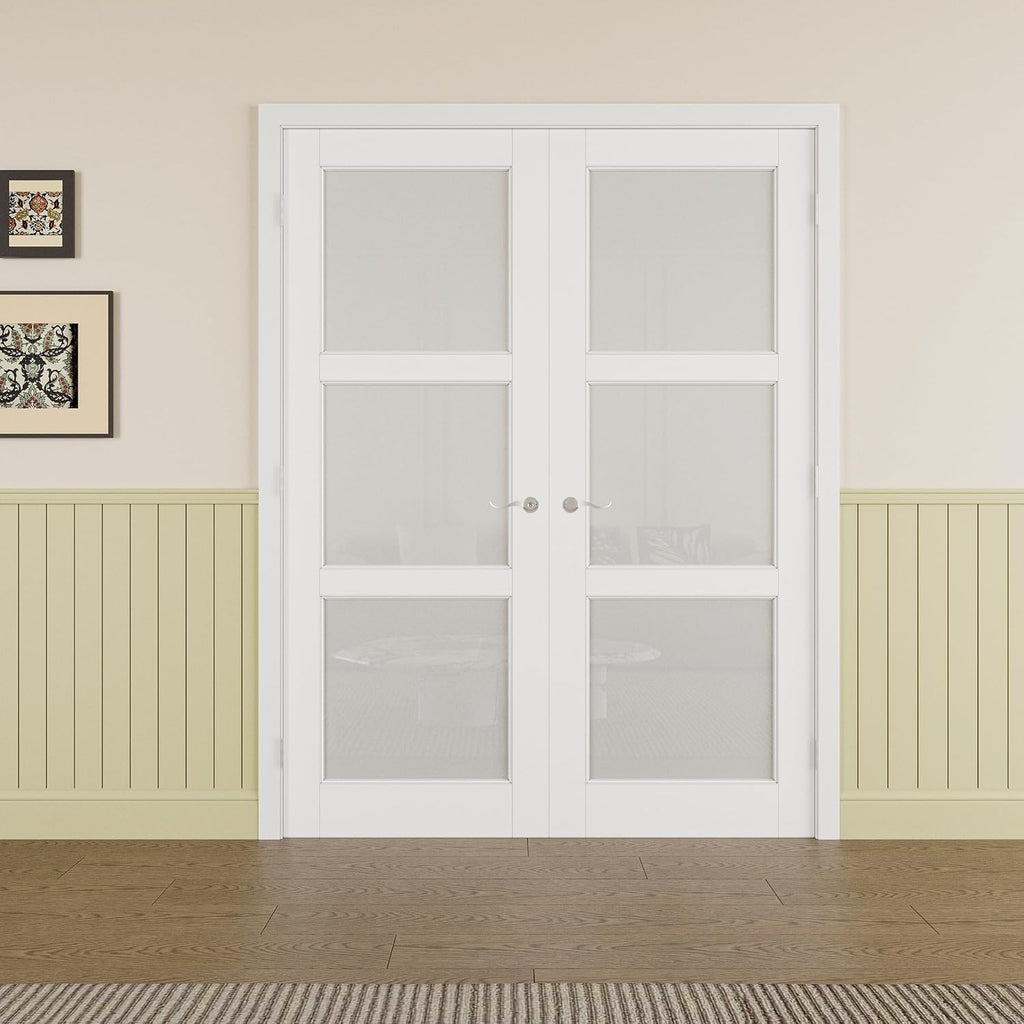 Prehung French Door 60' x 80' (2x30 in), Tempered Frosted Glass Door Slabs with Jamb, Silver Hinges, 4 Levers & Latch, Solid Core Interior Door, Pre-Finished & Paintable, MDF Double Doors Interior