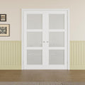 Prehung French Door 60' x 80' (2x30 in), Tempered Frosted Glass Door Slabs with Jamb, Silver Hinges, 4 Levers & Latch, Solid Core Interior Door, Pre-Finished & Paintable, MDF Double Doors Interior