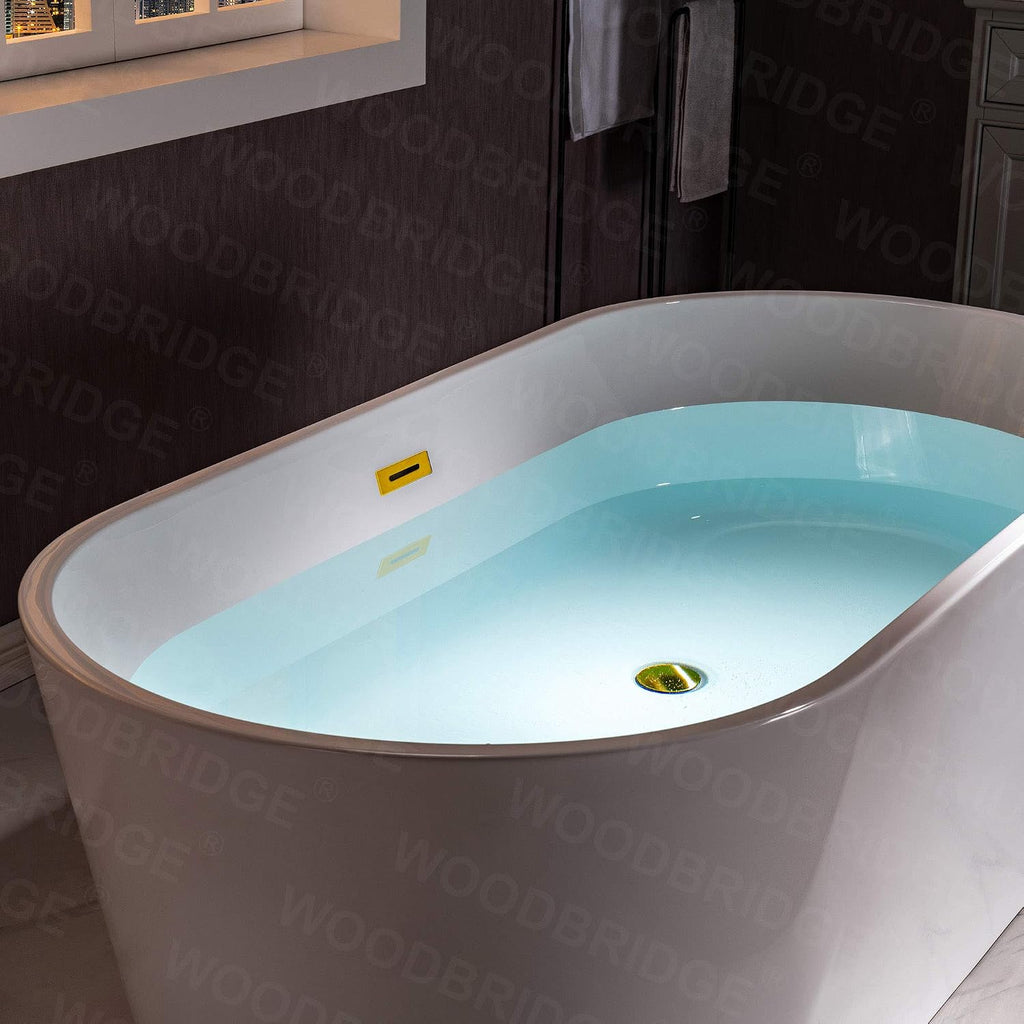 WOODBRIDGE 59' Freestanding White Acrylic Soaking Bathtub with Brushed Gold Drain and Overflow,BTA1514 -BG-Drain &O
