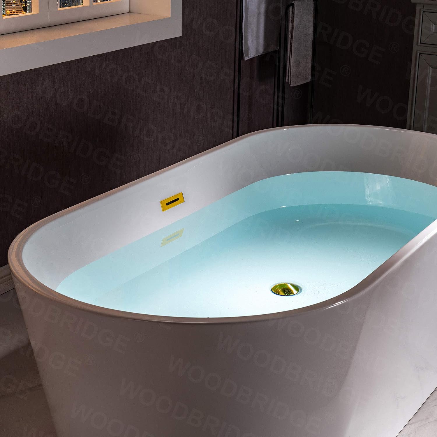 WOODBRIDGE 59' Freestanding White Acrylic Soaking Bathtub with Brushed Gold Drain and Overflow,BTA1514 -BG-Drain &O