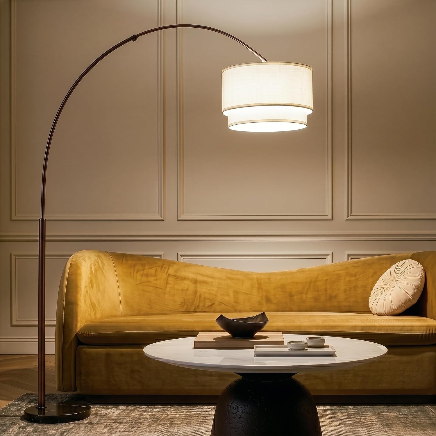 Brightech Mason Arc Floor Lamp - Modern Corner Standing Lamp with Unique Hanging Drum Lamp Shade for Living Room - Bright Overhead, Curved Hanging Light for Bedroom. Library, Den - Bronze