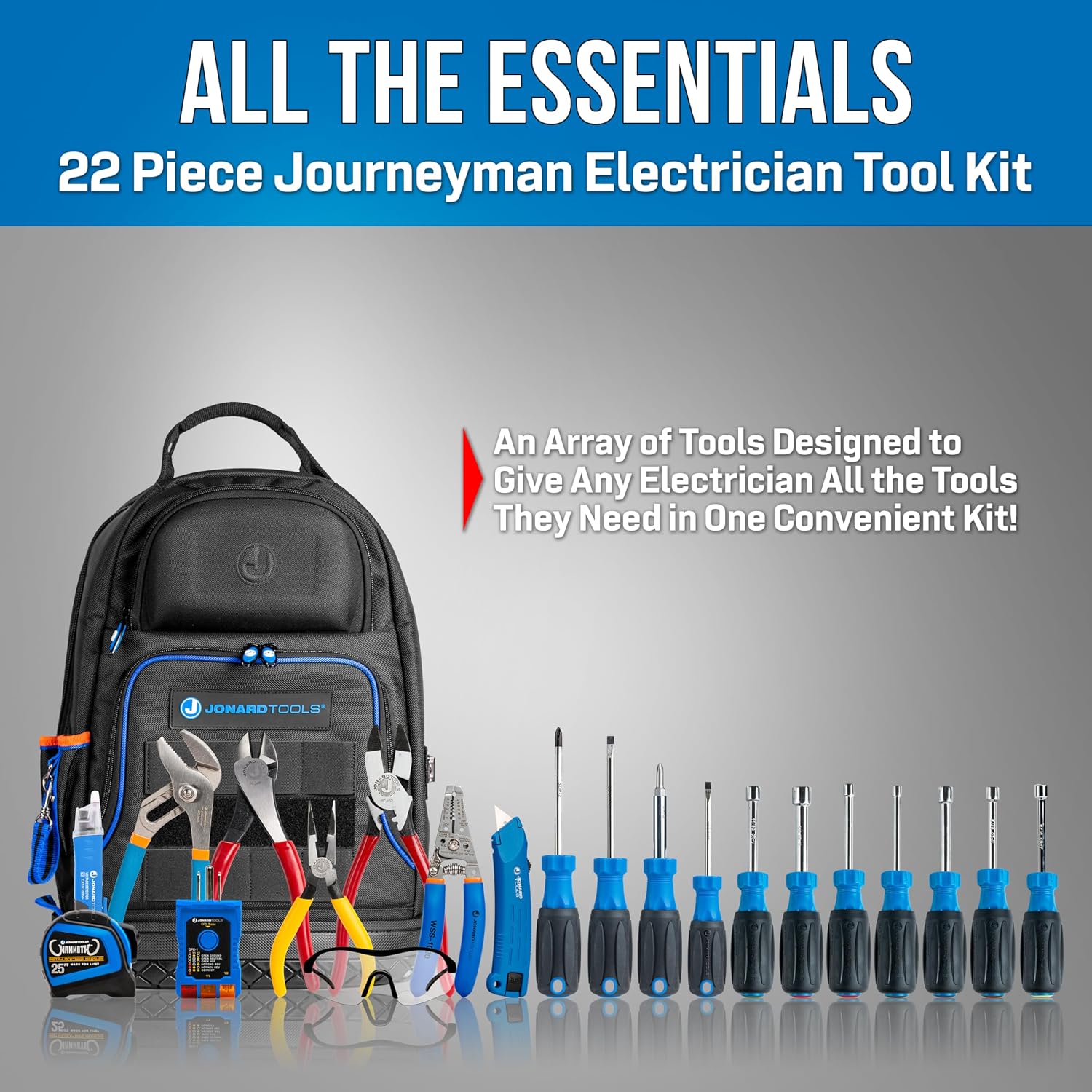 Jonard Tools TK-500 22-Piece Journeyman Electrician Tool Kit with Screwdrivers, Nut Drivers, Wire Stripper, Pliers, Voltage Detector, Jobsite Tools, and 48 Pocket Backpack