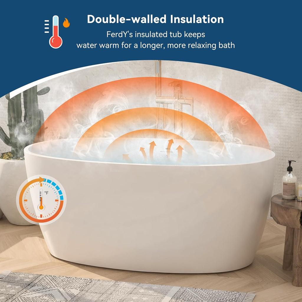 FerdY 55' Acrylic Freestanding Bathtub, Contemporary Soaking tub with Polished Gold Drain & Overflow, cUPC Certified, Elegant Oval Shape, Tahiti