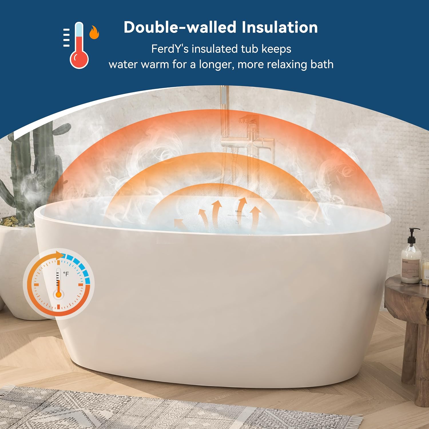 FerdY 55' Acrylic Freestanding Bathtub, Contemporary Soaking tub with Polished Gold Drain & Overflow, cUPC Certified, Elegant Oval Shape, Tahiti