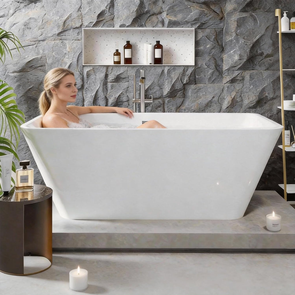 59' Freestanding Acrylic Soaking Tub,Large Freestanding Bathtub with Non-Slip Surface, Overflow and Drain Included, Freestanding Bathtub with Chrome Drain, Deep Stand-Alone Tub for Relaxing Home Spa
