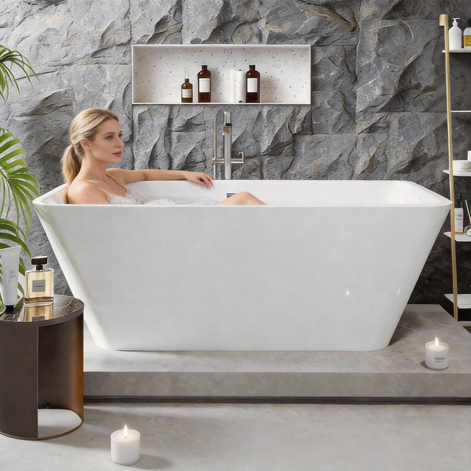 59' Freestanding Acrylic Soaking Tub,Large Freestanding Bathtub with Non-Slip Surface, Overflow and Drain Included, Freestanding Bathtub with Chrome Drain, Deep Stand-Alone Tub for Relaxing Home Spa