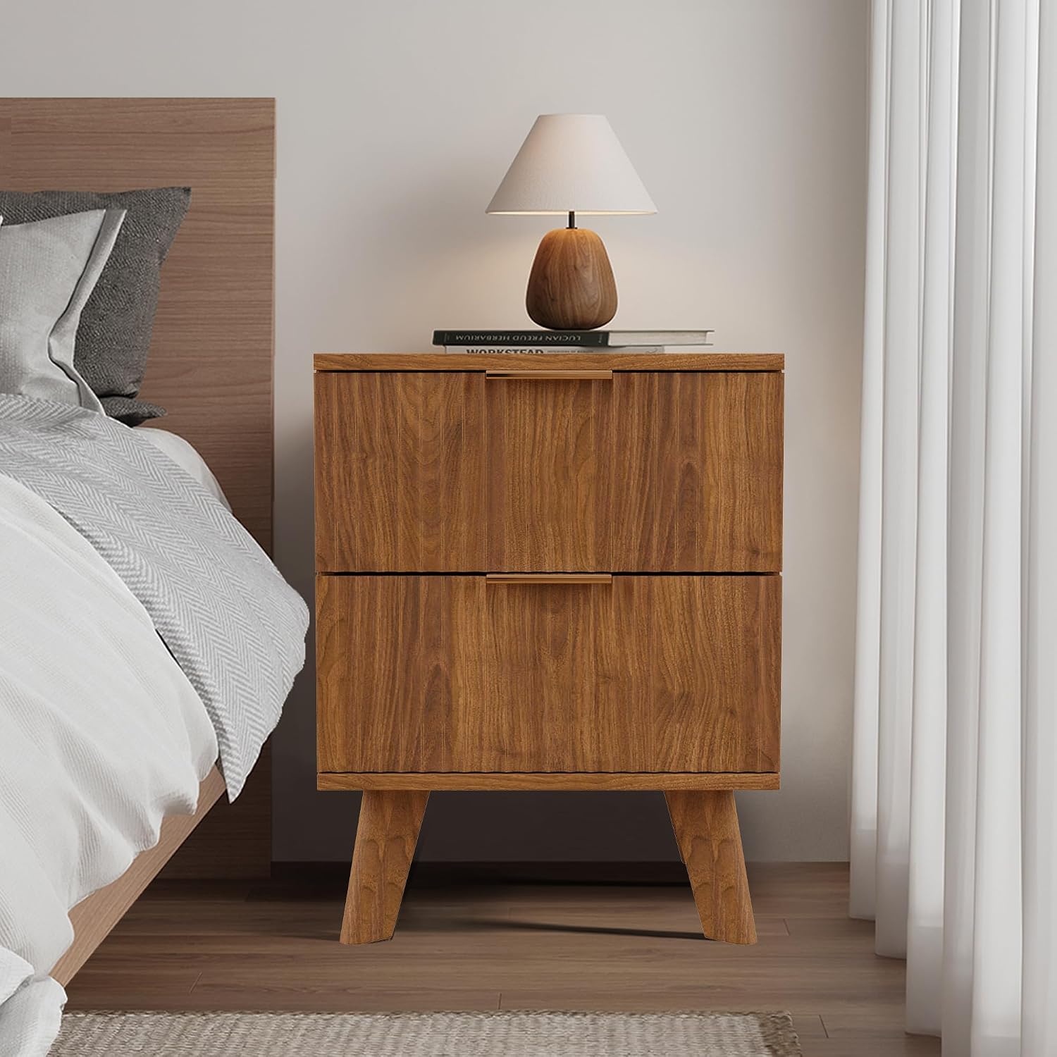 Nightstands Set of 2 with Drawers, Modern Large Striped Bed Side Table with 2 Drawers, Mid Century Modern Night Stand Set for Bedroom, Bedside End Table with Storage and Solid Wood Legs (Walnut)