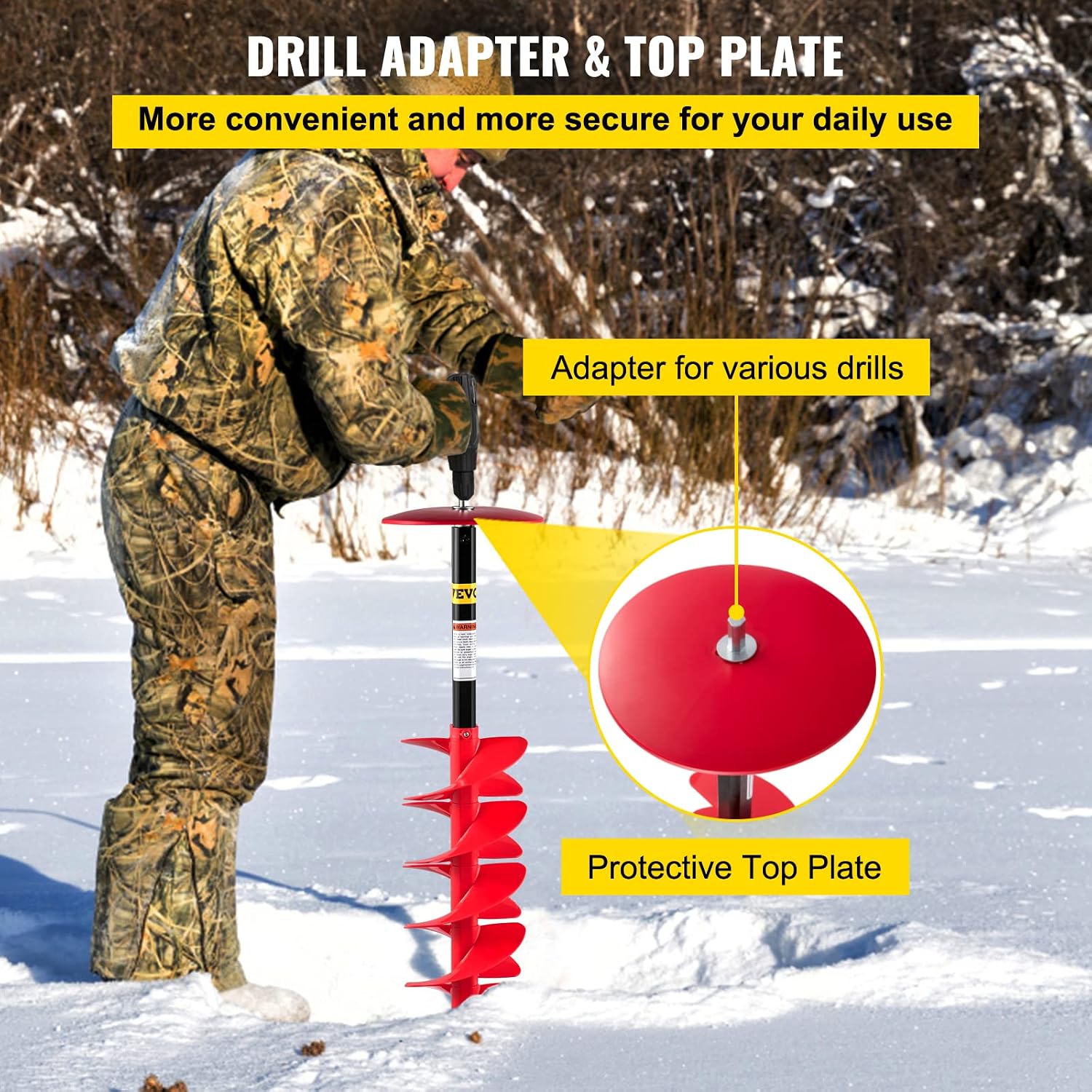 VEVOR Ice Auger, 8' Diameter Ice Fishing Auger Drill Bit, 39' Length Nylon Corless Ice Augers for Ice Fishing with Extra 11.8' Extension Rod, Drill Adapter, Top Plate and Blade Guard