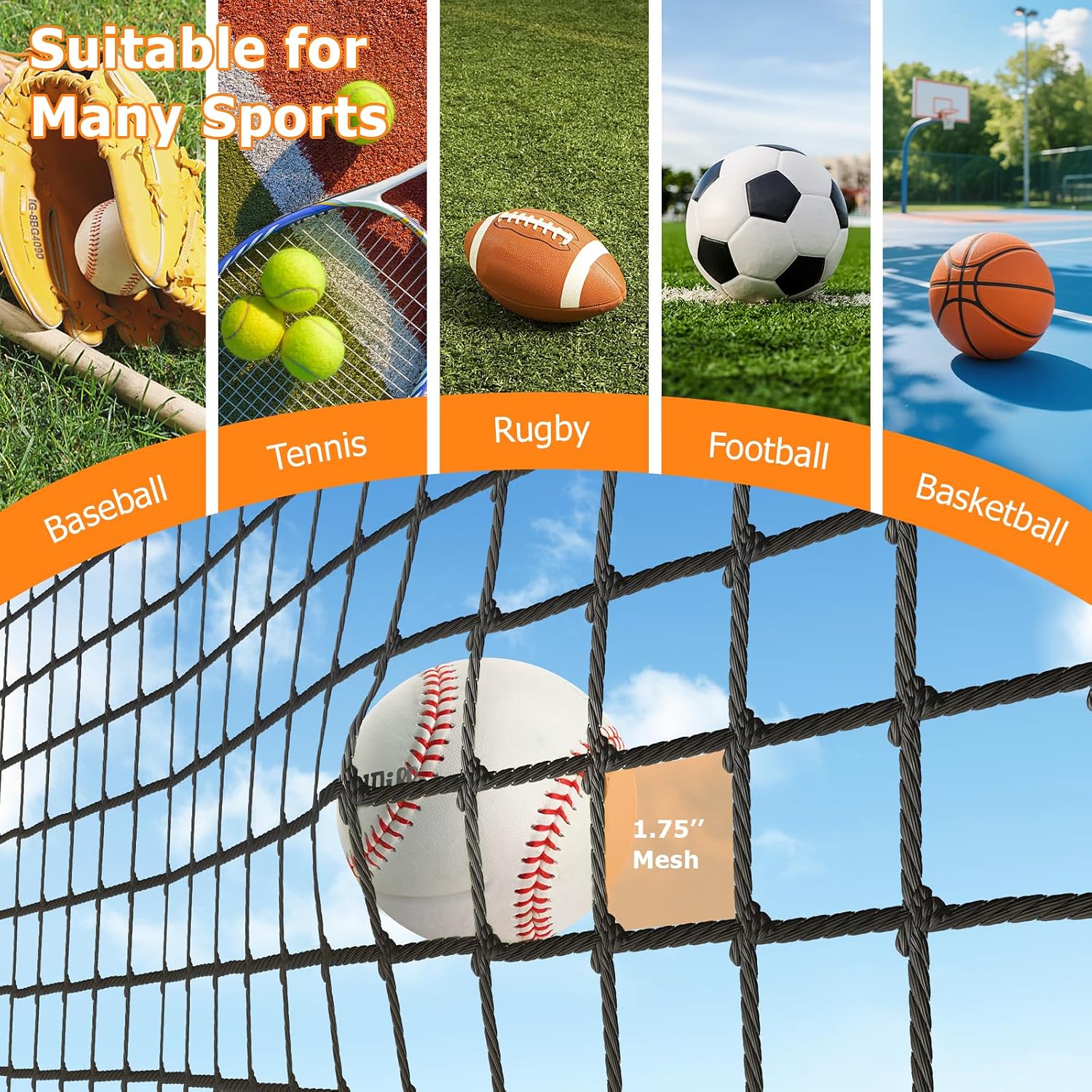 Batting Cage Net, UV-Stabilized HDPE, Black, 1-3/4' Square Mesh, Square-Hung, 1/4' Border Rope, Side Door – Baseball & Softball Netting – Sizes: 8x8x20ft,10x10x35ft,12x12x55ft, 12x14x70ft