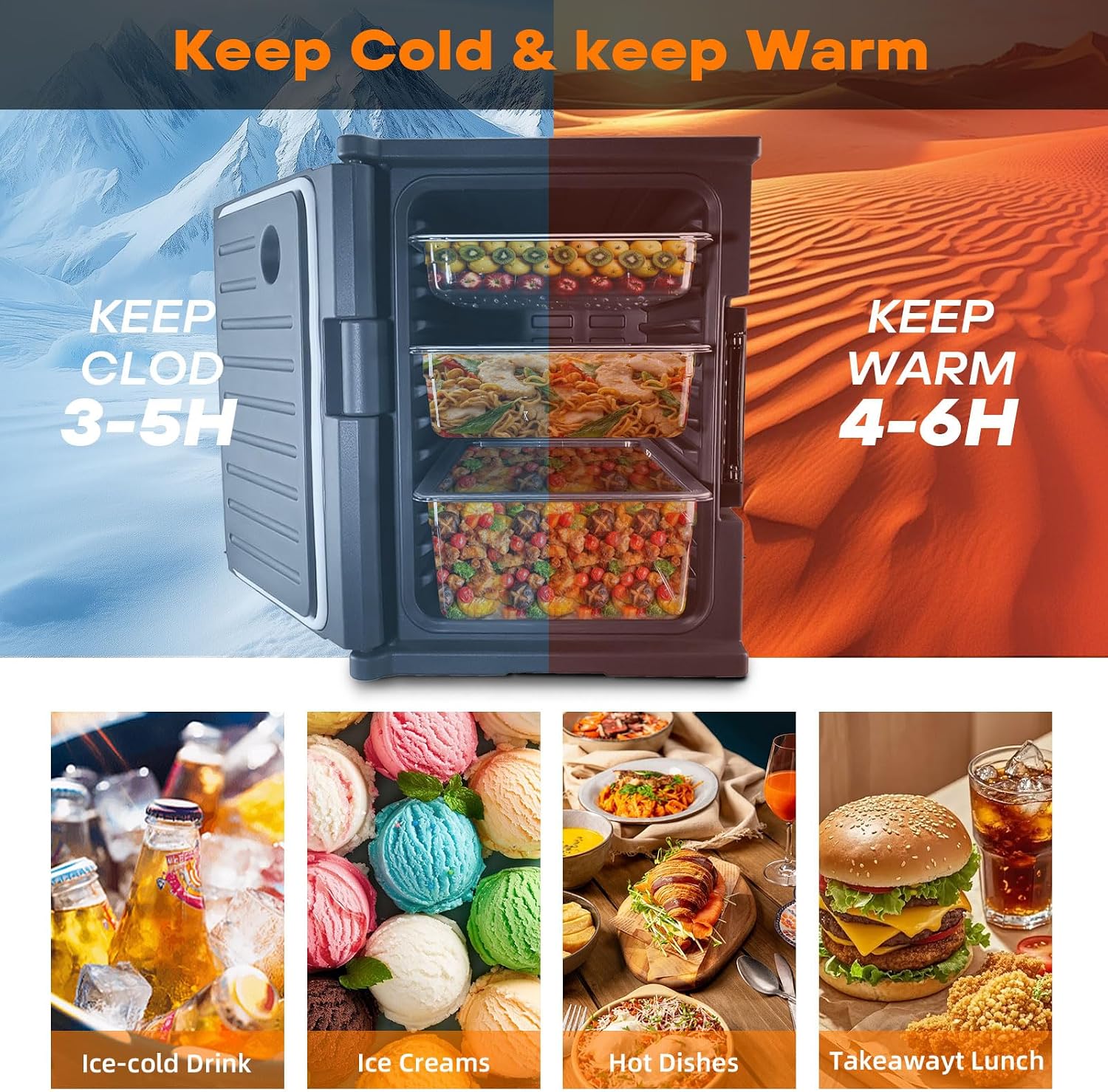 95 Qt Catering Food Warmer with Handles for Catering,No Rust, wear-Resistant Latch and Door Shaft,Stackable Cold & Hot Box for Parties, LLDPE Insulated Food Carrier for 6 Full-Size Pans
