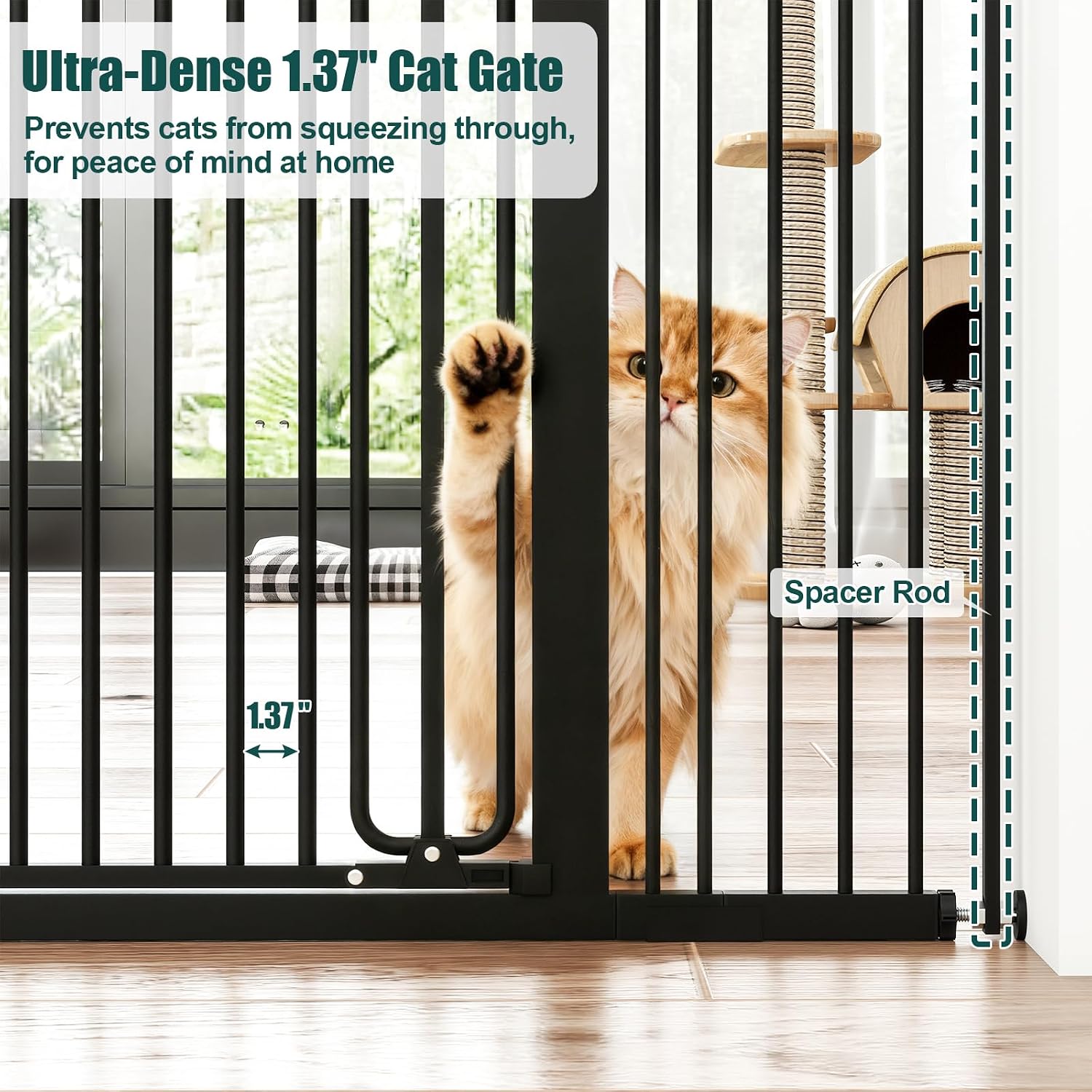 keny 51' Extra Tall Pet Gate, 29.7'-46' Wide Adjustable Cat Gate for Doorway, Hallway, Stairs, Auto-Close & Pressure Mounted, No Drilling, Black