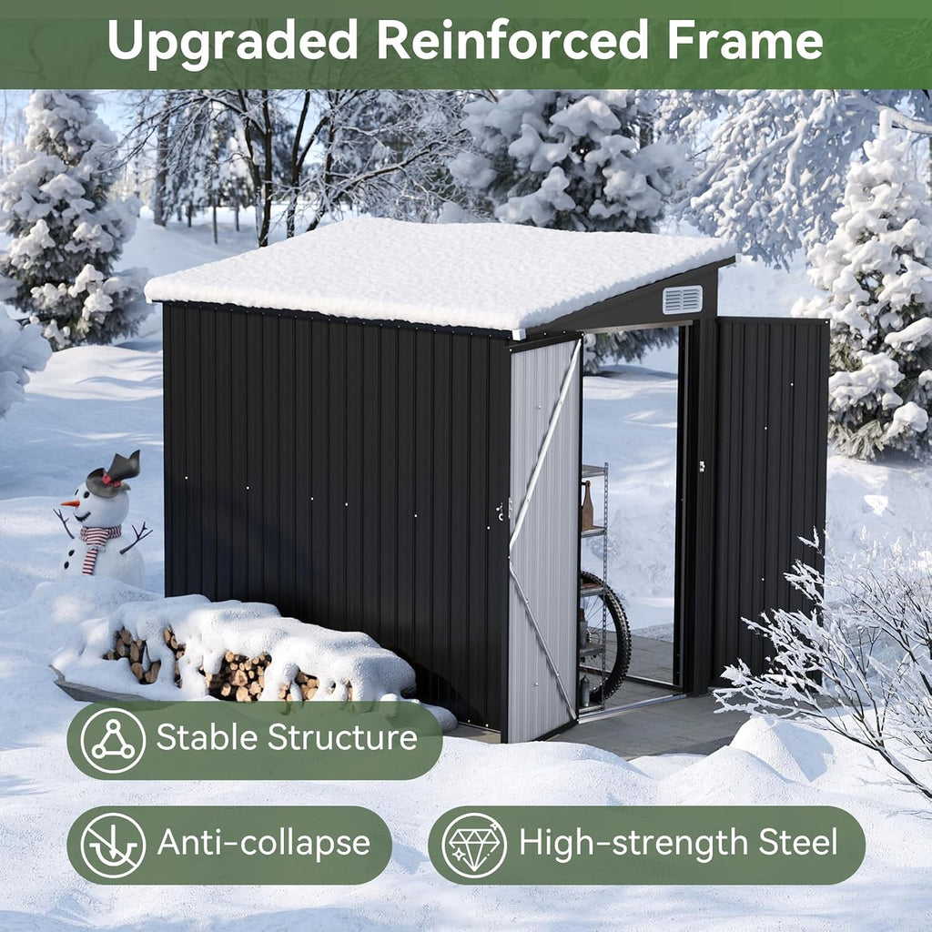 7.5'x4' Large Outdoor Shed with 3-Lockable Door & Sloping Roof, Heavy-Duty Galvanized Metal Garden Storage for Bikes, Tools, Snow Blowers (Black)