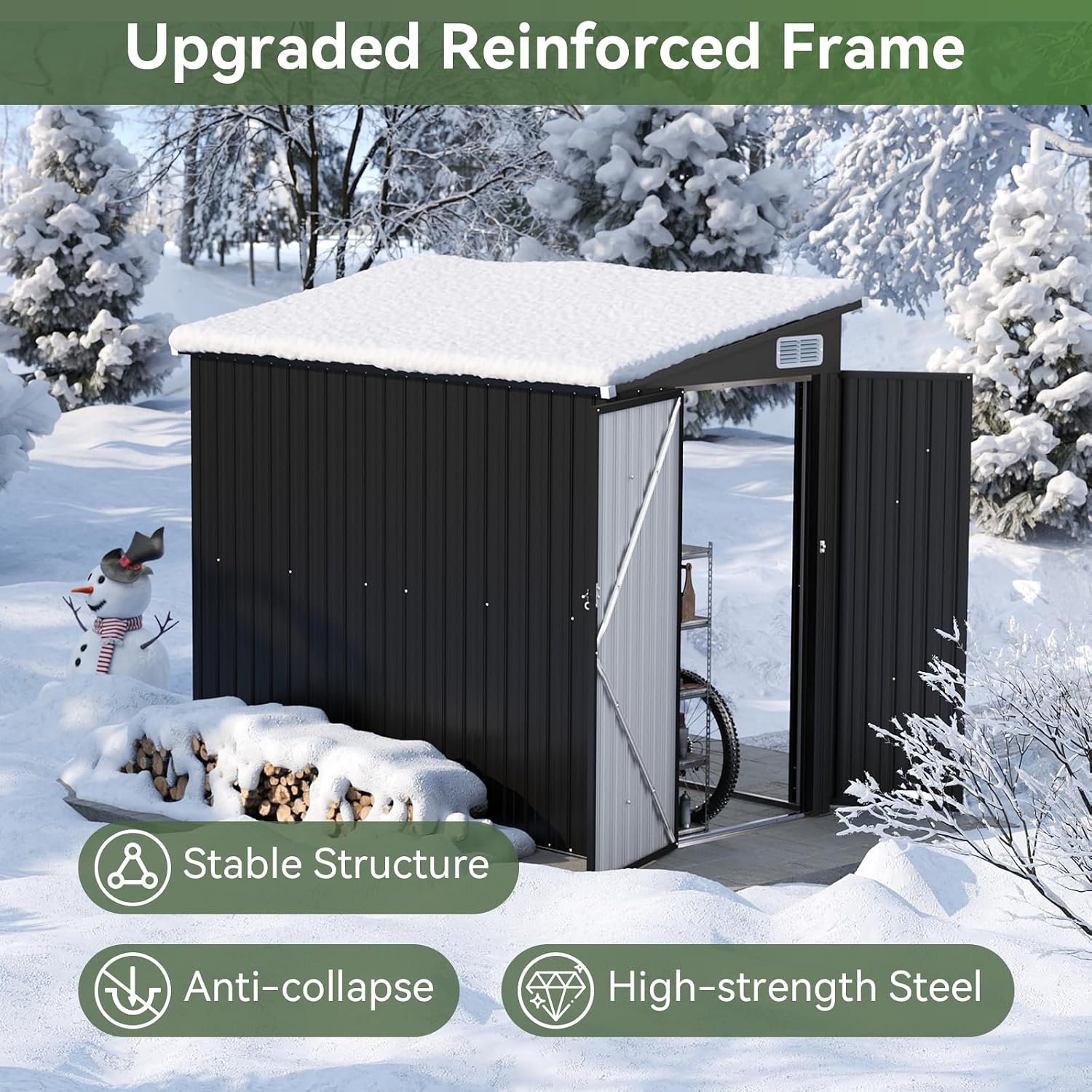 7.5'x4' Large Outdoor Shed with 3-Lockable Door & Sloping Roof, Heavy-Duty Galvanized Metal Garden Storage for Bikes, Tools, Snow Blowers (Black)