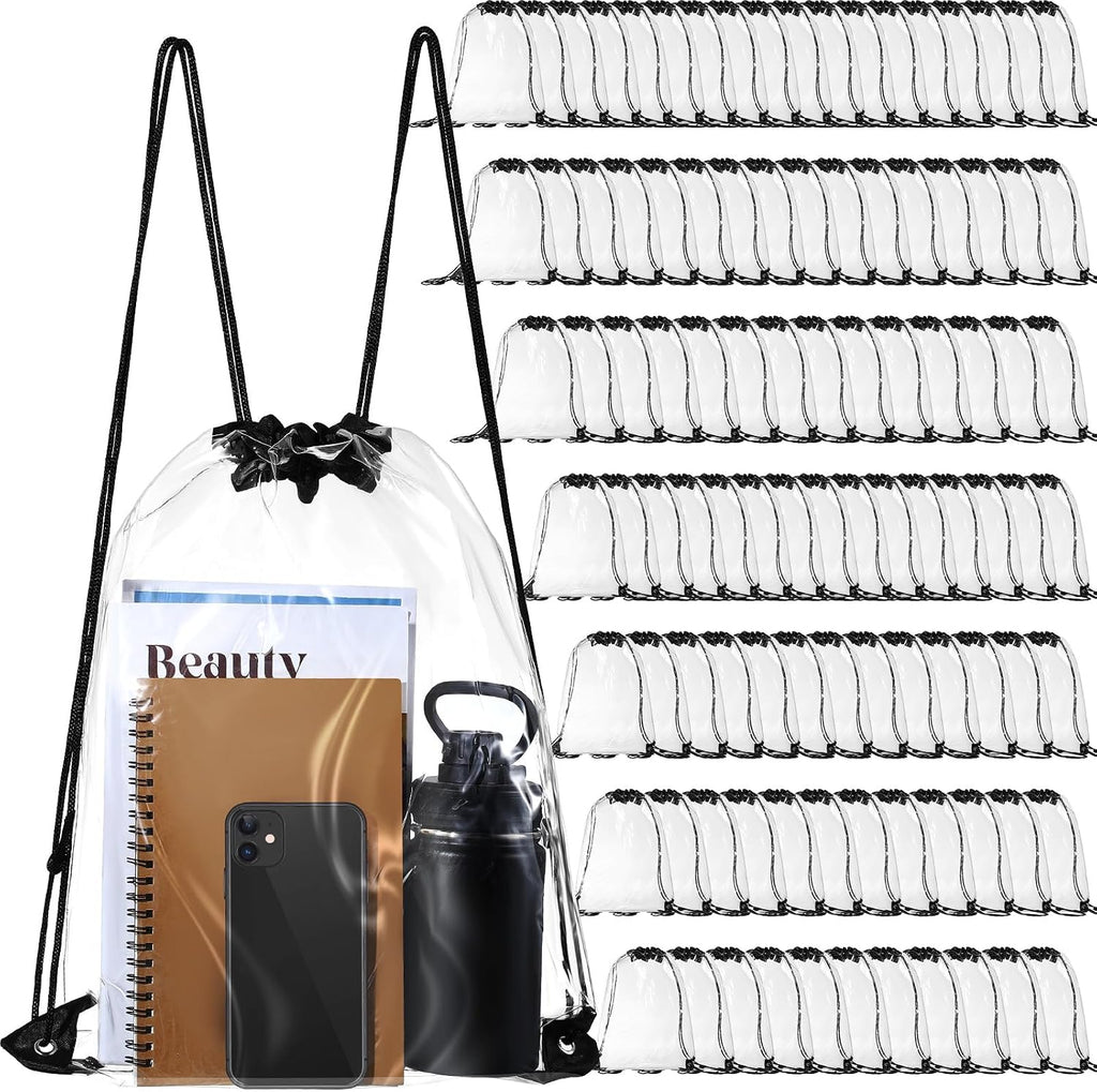 Silkfly 100 Pcs Clear Drawstring Backpacks Bulk Stadium Approved Bags for Men Women Gym Sport Colleges Event Security (Black)