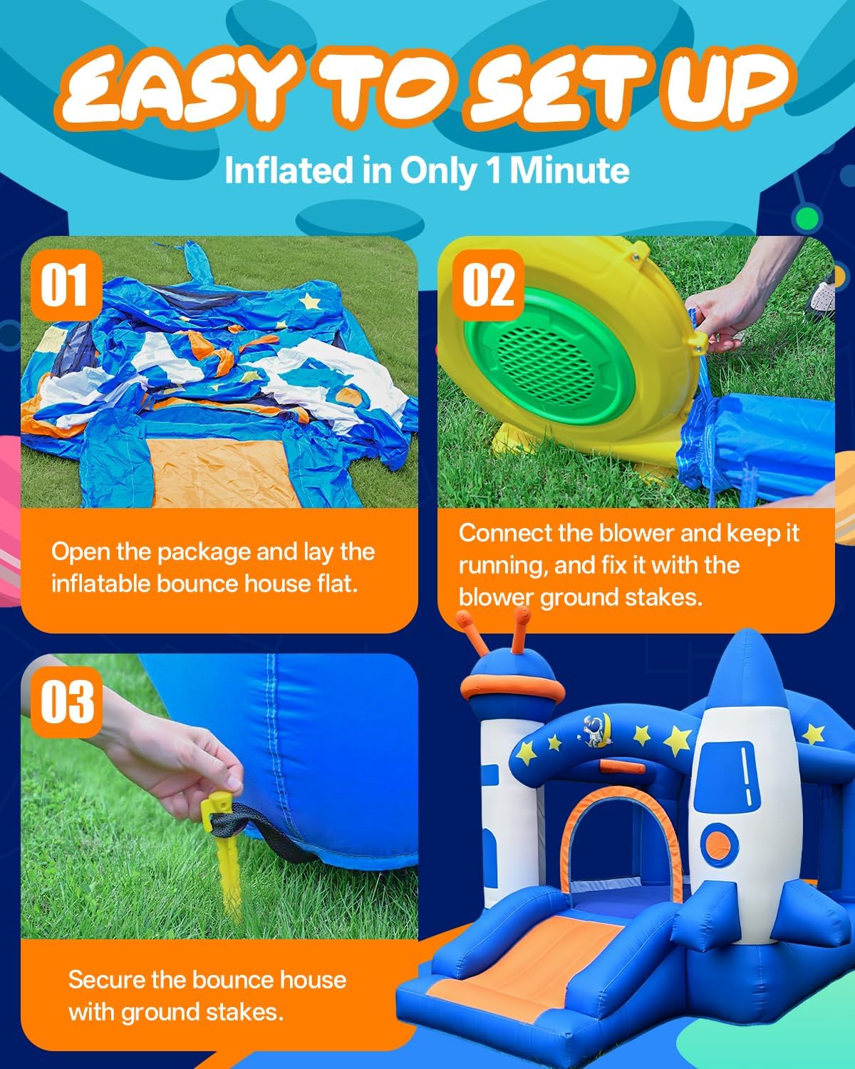 Bounce House, Kid Inflatable Bounce House with Slide, Space Rocket Themed Bouncy Castle for Kids 3-6, 370W for Indoor & Outdoor Play, Backyard Birthday Party with Basketball Hoop