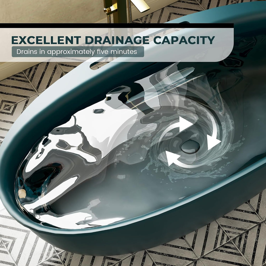 CASAINC 63' Solid Surface Free Standing Tub Deep Teal Stone Resin Freestanding Bathtub Soaking Tub with Drain, Drain Hose & Sanding Paper