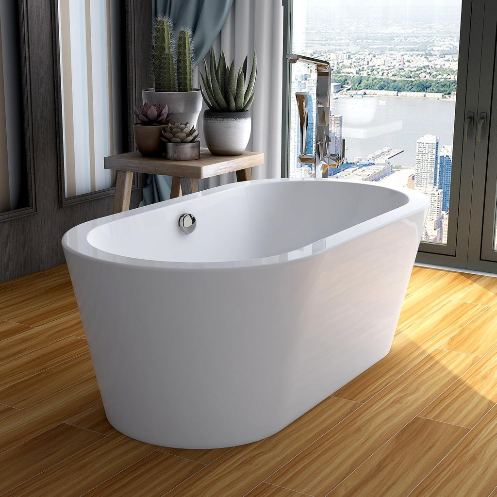 HomeBeyond 59 Inch White Freestanding Bathtub | Acrylic Free Standing Soaking Tub, Morden Bathroom Stand Alone Tub Suitable for 1 Person Bathing