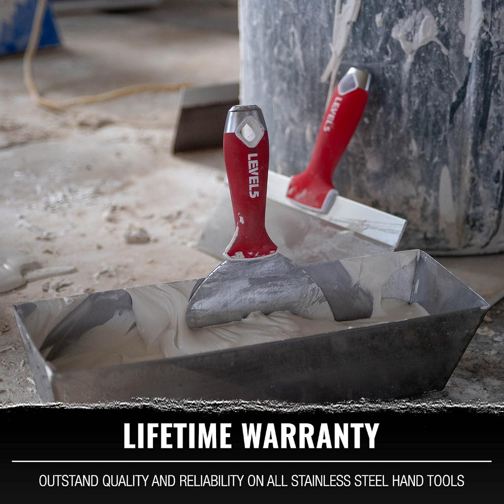 LEVEL5 Deluxe Drywall Hand Tool Set | Taping Knives, Joint Knives, Bucket Scoop, Mud Pan, Mixer, Jab Saw | Stainless Steel Blades, Soft Grip Handles | Sheetrock Gyprock Plasterboard | 5-609