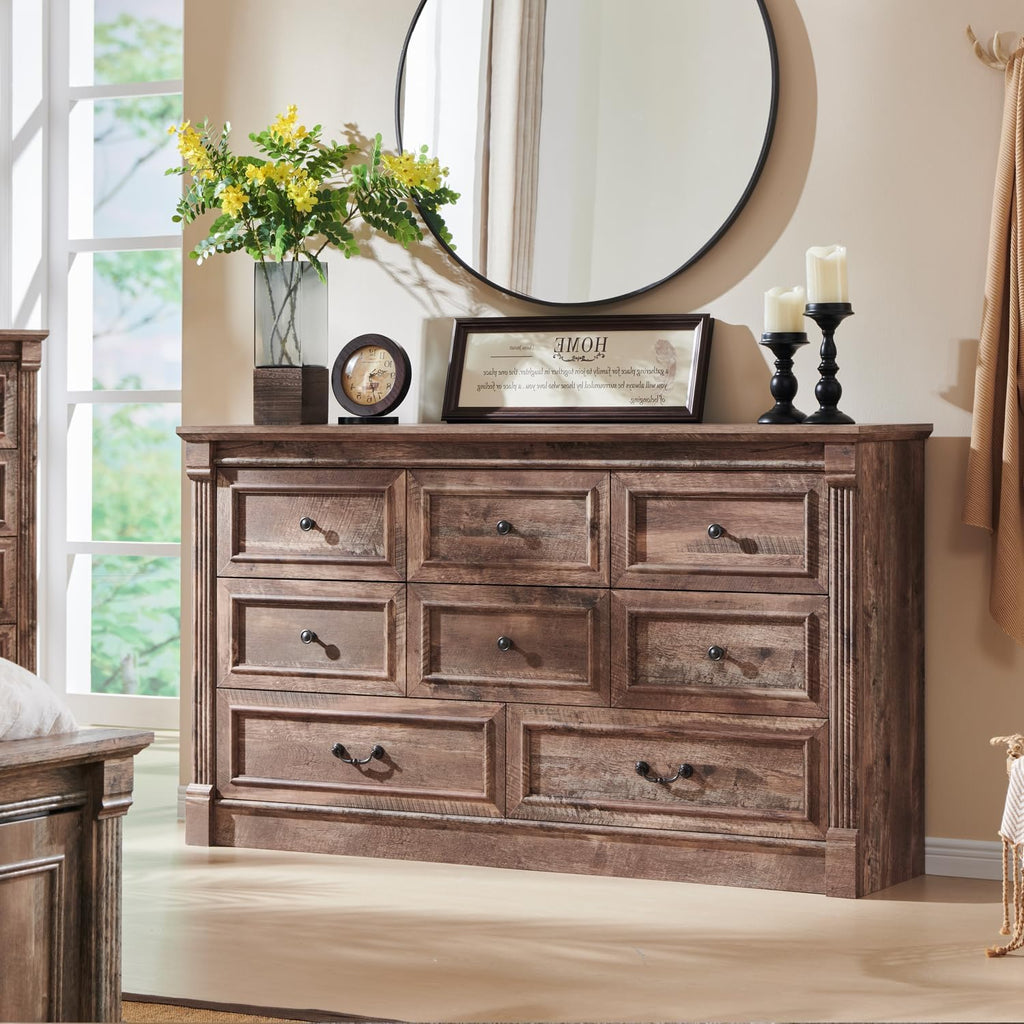 Aitjunz 8 Drawers Dresser for Bedroom, Farmhouse 61' Wide Dressers & Chests of Drawers w/Roman Column, Large Storage Dressers Organizer w/Two Different Drawer Sizes for Bedroom,Living Room,Light Brown