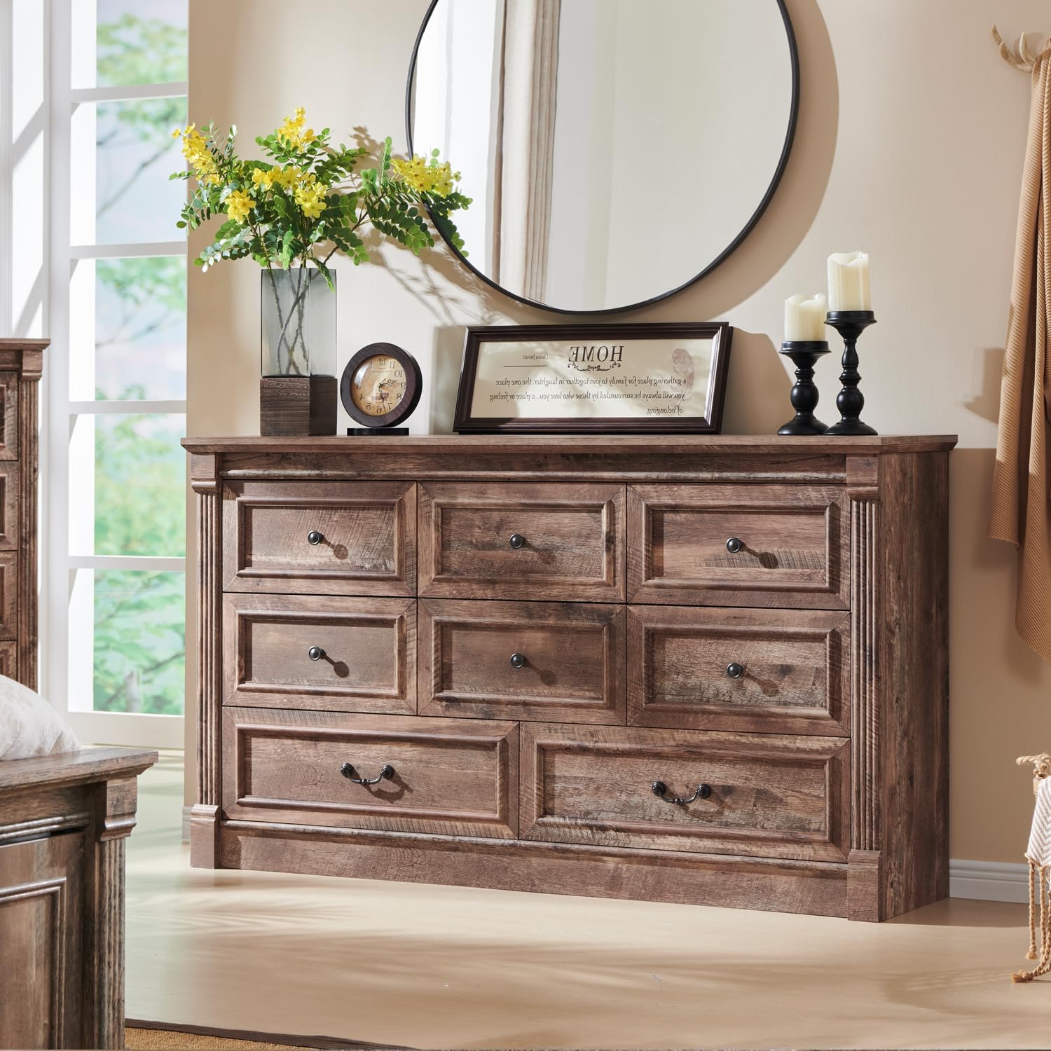Aitjunz 8 Drawers Dresser for Bedroom, Farmhouse 61' Wide Dressers & Chests of Drawers w/Roman Column, Large Storage Dressers Organizer w/Two Different Drawer Sizes for Bedroom,Living Room,Light Brown