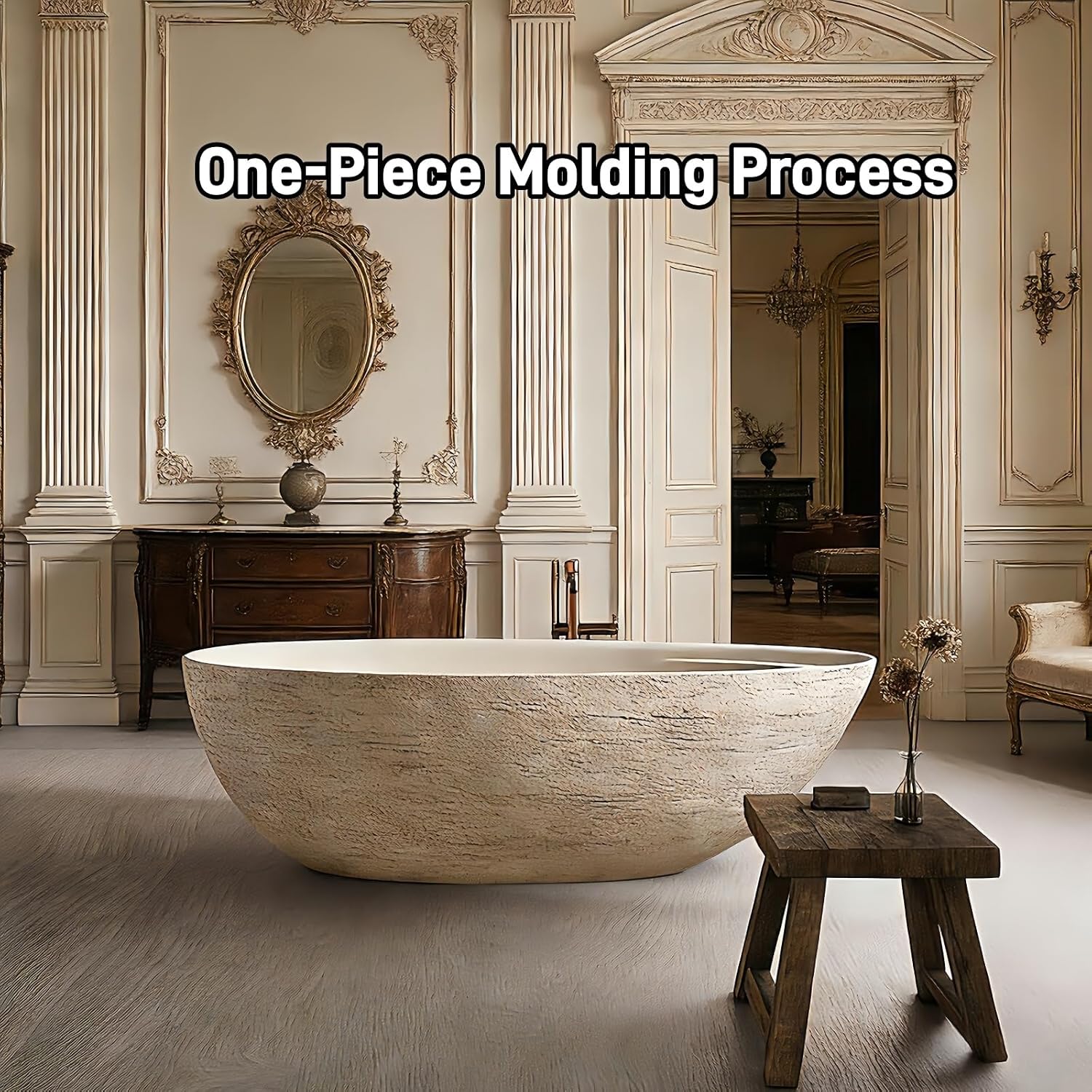 59' Edeyeu Freestanding Bathtub - Solid Surface Bathtub Soaking Tub, Extra Deep Stand Alone Tub, Designer Free Standing Luxury Spa Statement For Elite Bathrooms, Beige