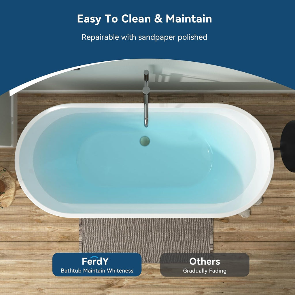 FerdY 67' Bali Acrylic Freestanding Bathtub, Gracefully Shaped Freestanding Soaking Bathtub, cUPC Certified, Toe-Tap Brushed Gold Drain and Minimalist Linear Design Overflow Included
