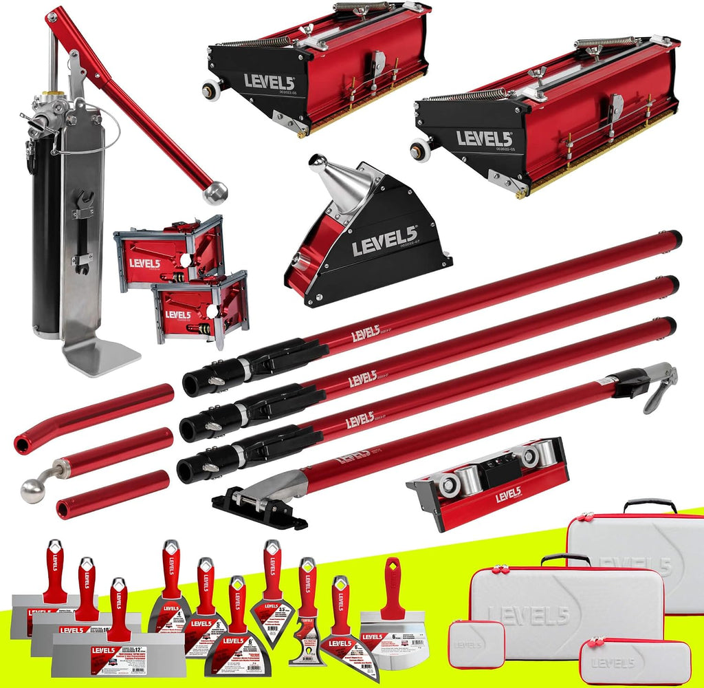 Drywall Finishing Set + Extension Handles - LEVEL5 | Pro-Grade | 10/12' Flat Boxes, Corner Roller, 3'/3.5' Corner Finishers, 7' Corner Applicator, Pump | Sheetrock Gyprock Wallboard | 4-623