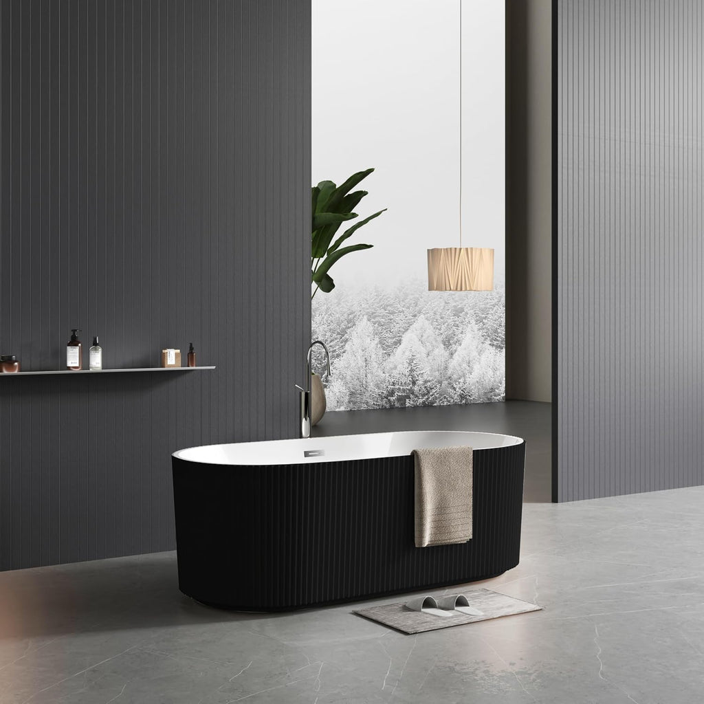 Freestanding Bathtub 59-inch,Acrylic Soaking Tub with Overflow Drain, CUPC Certified Thickened Design Glossy Black for Modern Bathroom