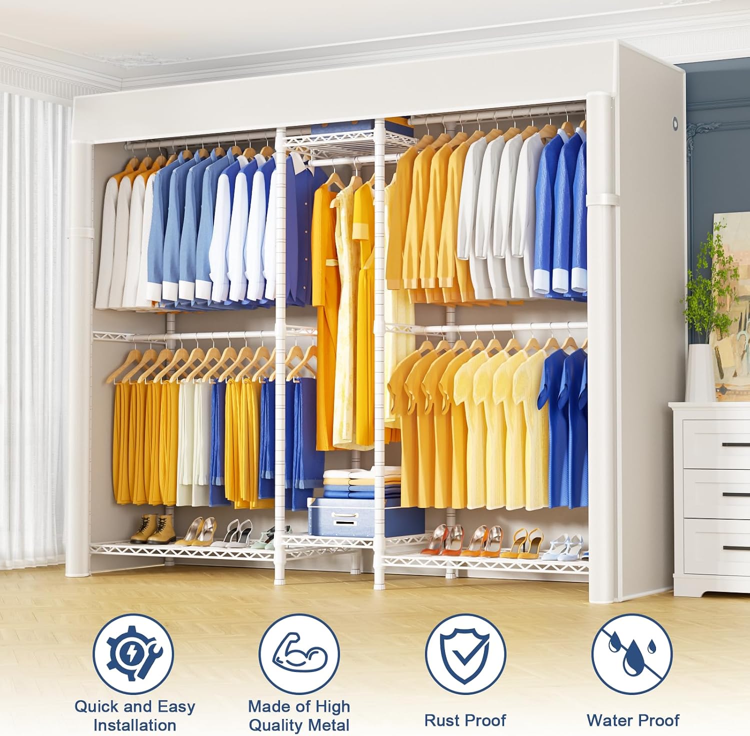 Ulif E10 (With Stretchable Hanger Rod) and E12C (With Black Dustproof Cover) Heavy Duty Closet Organizer System, Freestanding Clothing Rack for Hanging Clothes, Adjustable Garment Rack