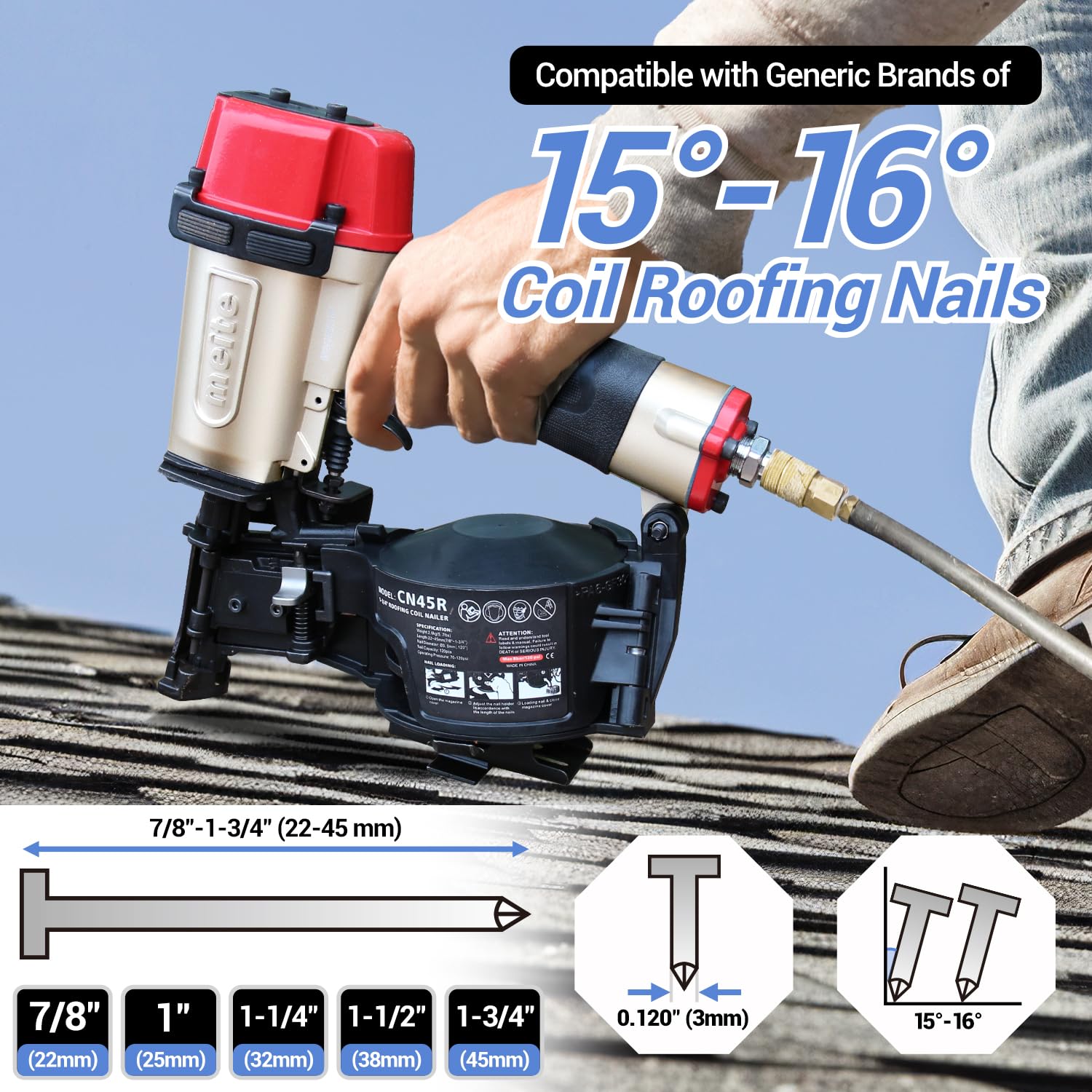 meite Roofing Nail Gun CN45R with 1-3/4-Inch Coil Roofing Nails, Electro Galvanized 15 Degree Big Head Wire-Collated Smooth Shank for Asphalt Roofing Shingles Lathing