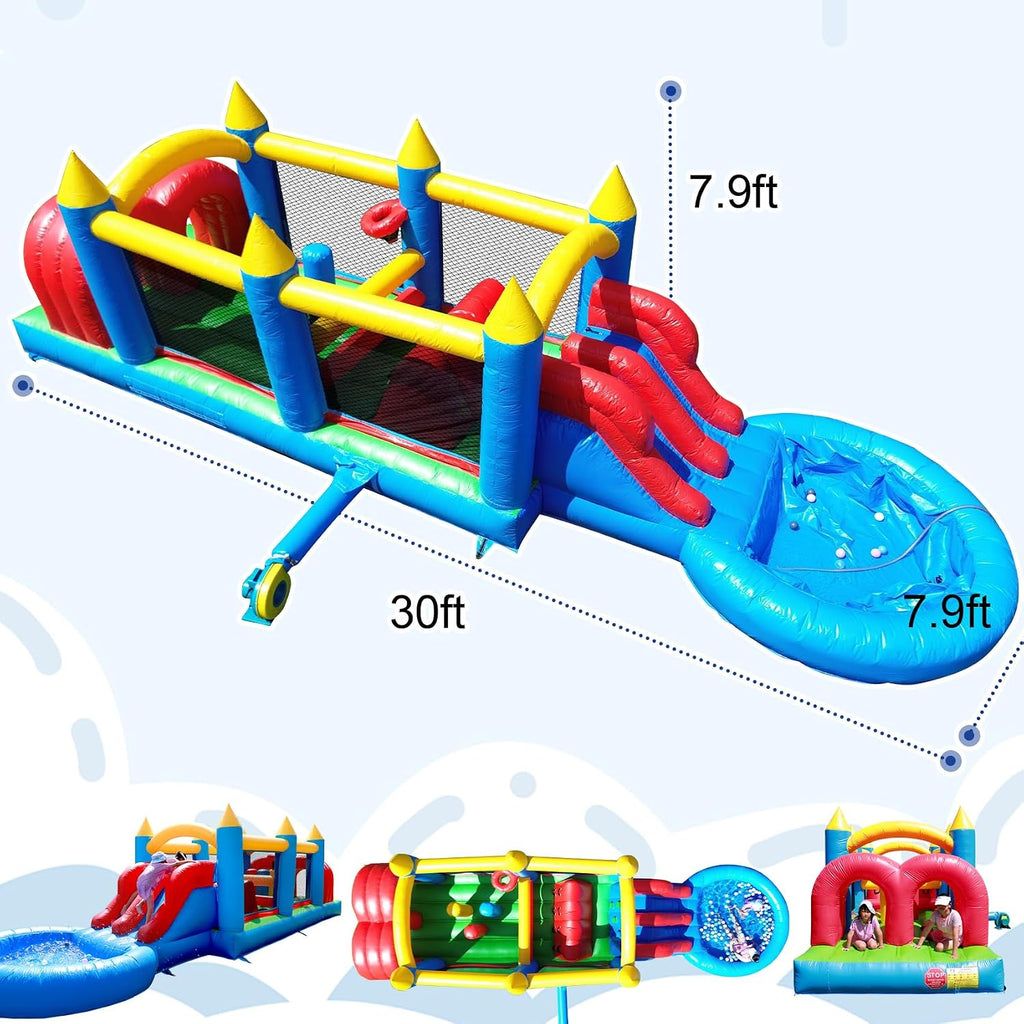30FT Commercial Inflatable Bounce House Combo - Heavy Duty PVC Dual Racing Slides Obstacle Course Bouncer with Crawl Tunnels & Climbing Wall for Backyard, School, Church Events, Kids Adults