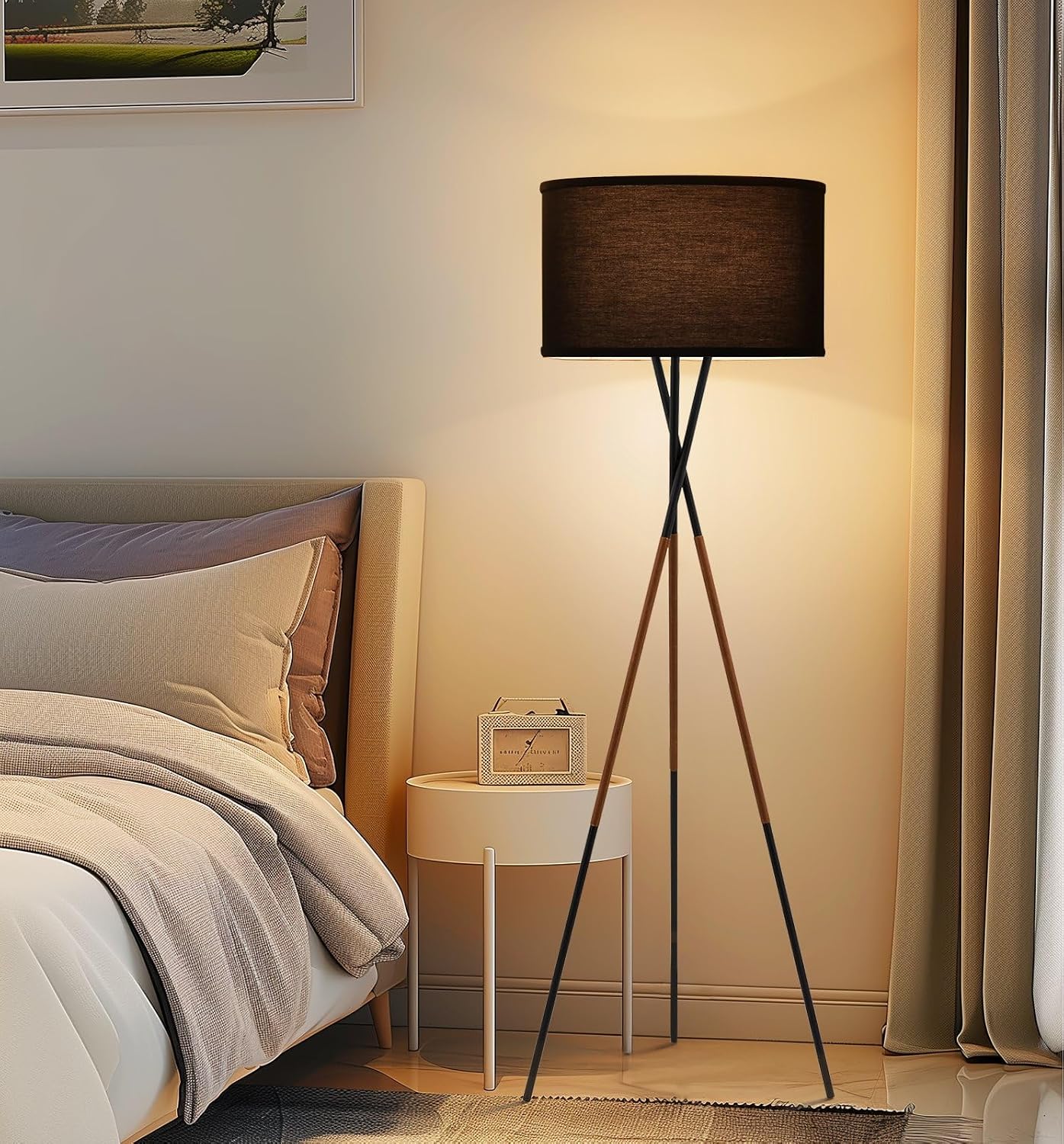 Kira Home Sadie 61' Modern Tripod Floor Lamp with Black Linen Drum Shade, Cross-Leg Standing Light with 9W LED Bulb and Leather Accent, Black Finish