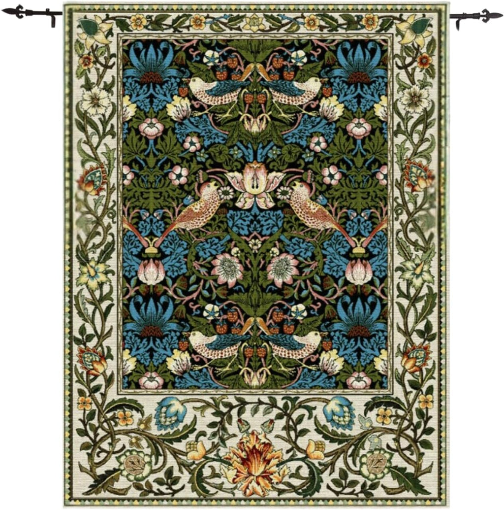 ORIMONY William Morris Strawberry Thief Tapestry - Vintage Floral Bird Art, Medieval Jacquard Woven Tapestry Wall Hanging for Living Room & Bedroom Size 27'x35' (Black)
