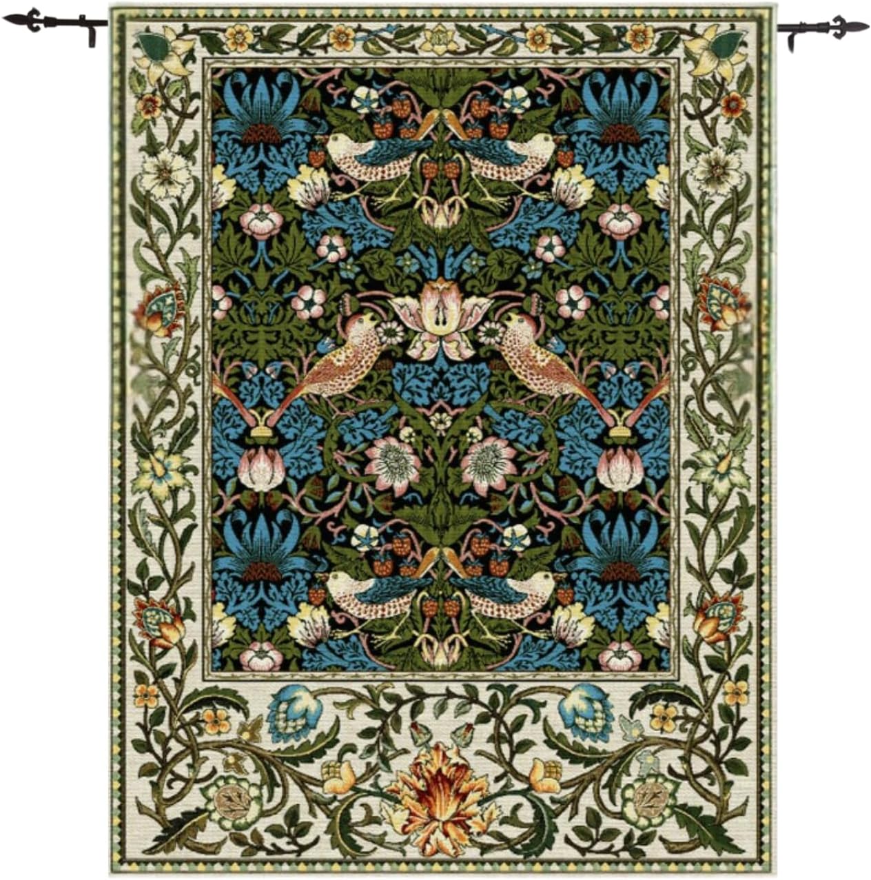 ORIMONY William Morris Strawberry Thief Tapestry - Vintage Floral Bird Art, Medieval Jacquard Woven Tapestry Wall Hanging for Living Room & Bedroom Size 27'x35' (Black)