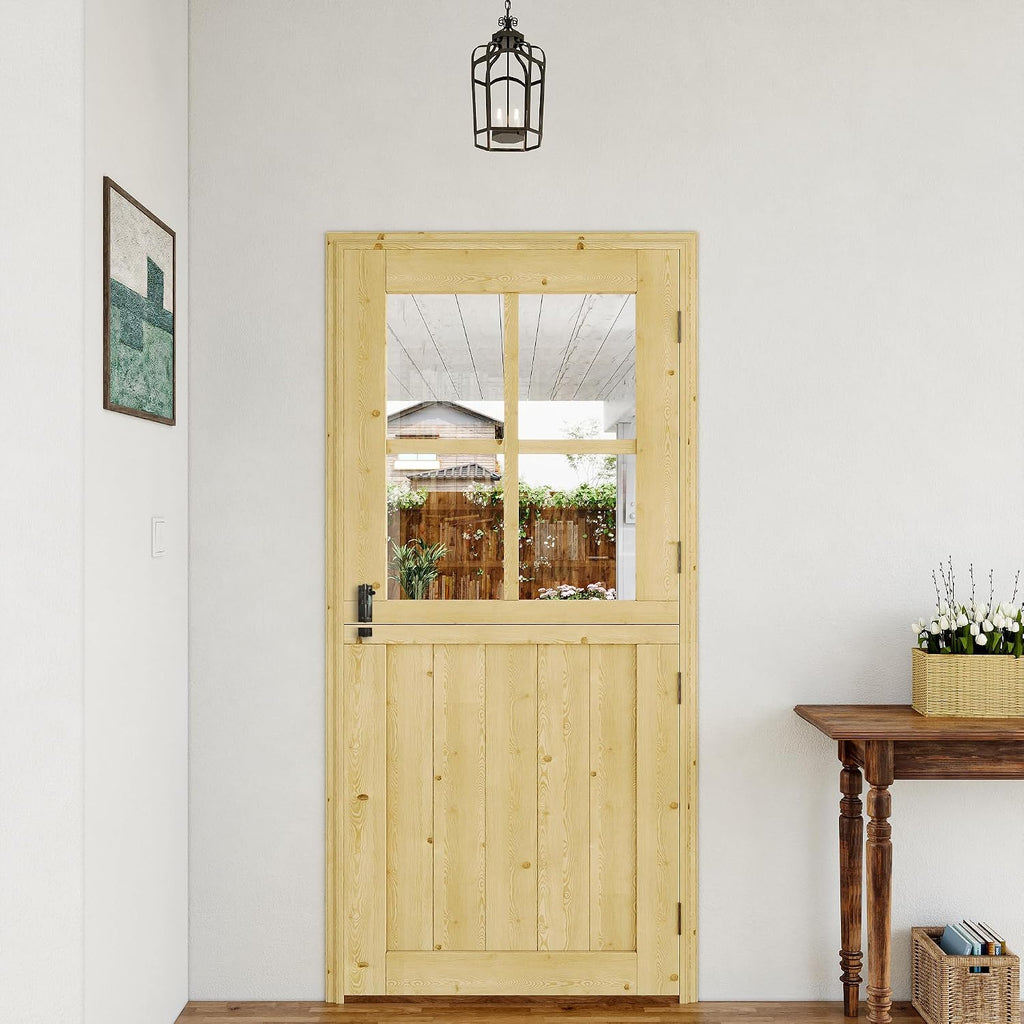 Exterior Prehung Dutch Door, 30' x 80', Universal 4 Lite Tempered Clear Glass Split Single Doors, Solid Core Home Entry Door, Natural Pine Wood - with 4 Hinges & 1 Latch & Jamb, Jamb Assembly Needed