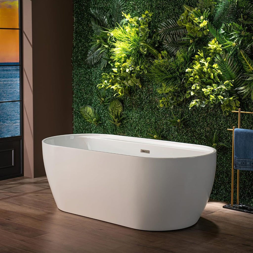 WOODBRIDGE 67' Acrylic Freestanding Bathtub Contemporary Soaking White Tub with Brushed Nickel Overflow and Drain,B0063-B/N