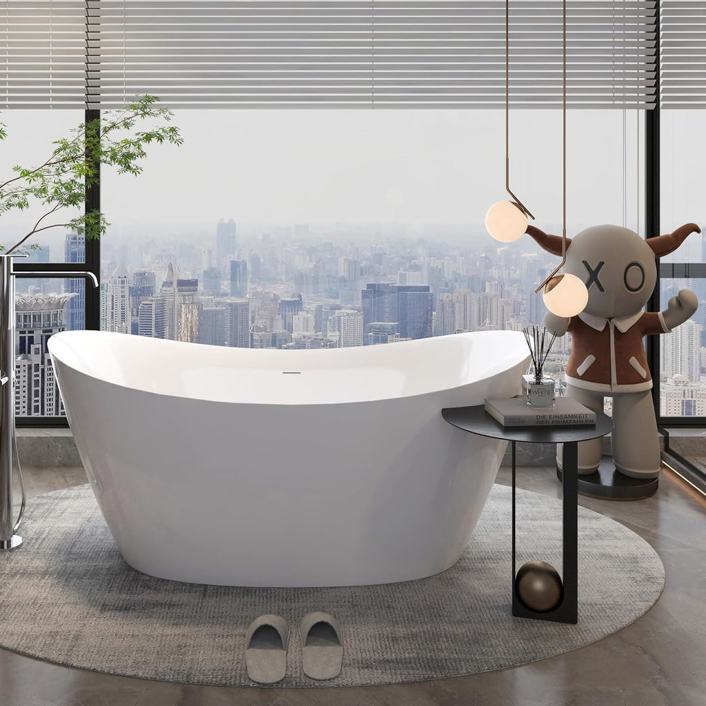 Acrylic Freestanding Contemporary Soaking Tub A19-59 Series 59' Bathtub White Modern Stand Alone Tub with Overflow and Pop-up Drain