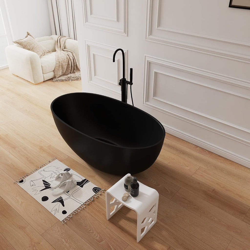 61' Premium Solid Surface Freestanding Soaking Bathtub,Oval Shape Stone Resin Tubs with Overflow and Pop-up Drain, Matte Black