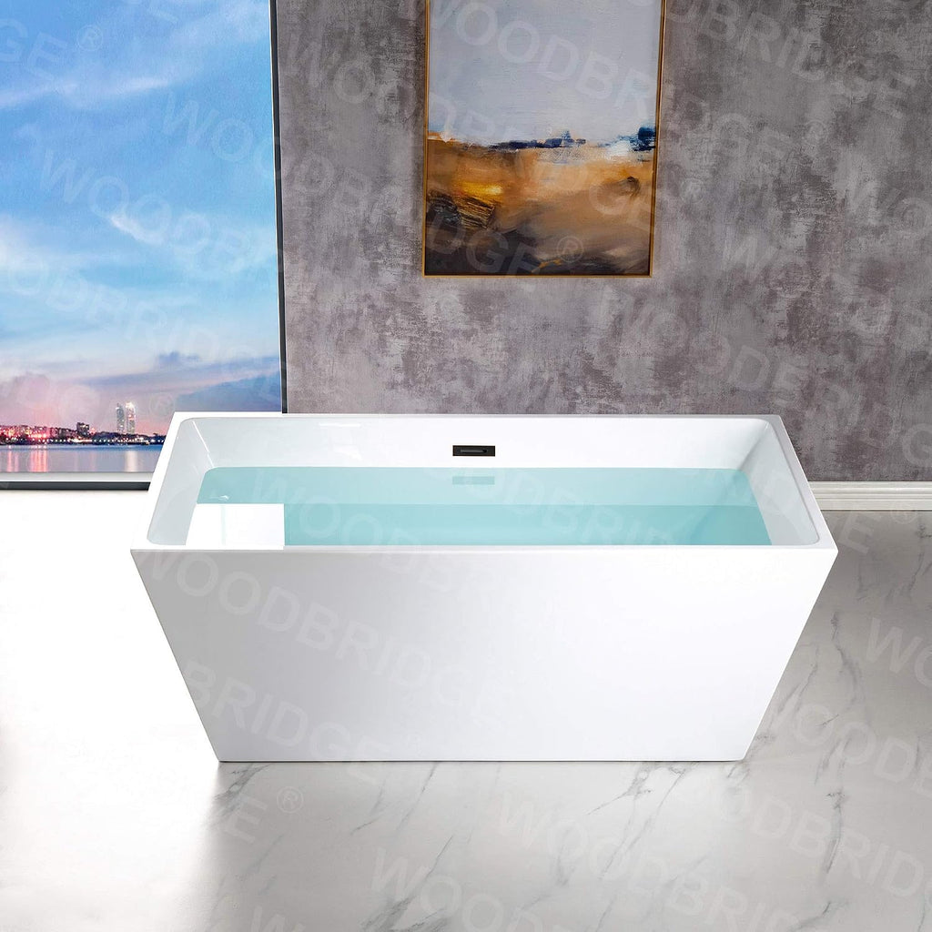 WOODBRIDGE 59' Acrylic Freestanding Bathtub Contemporary Soaking White Tub with Matte Black Overflow and Drain，BTA1412-MB-Drain&O