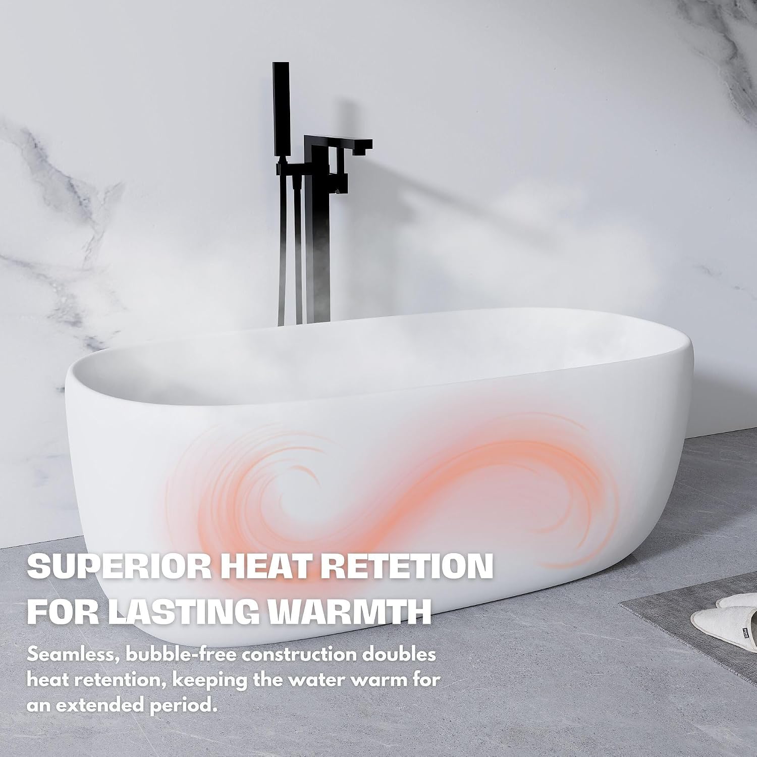 H2O Rectangular 59 in. x 30.7 in. Solid Surface Stone Resin Freestanding Bathtub, 13 in. Soaking Depth, Ergonomic Backrest, Matte White, Center Drain with Overflow, Durable, Easy to Clean
