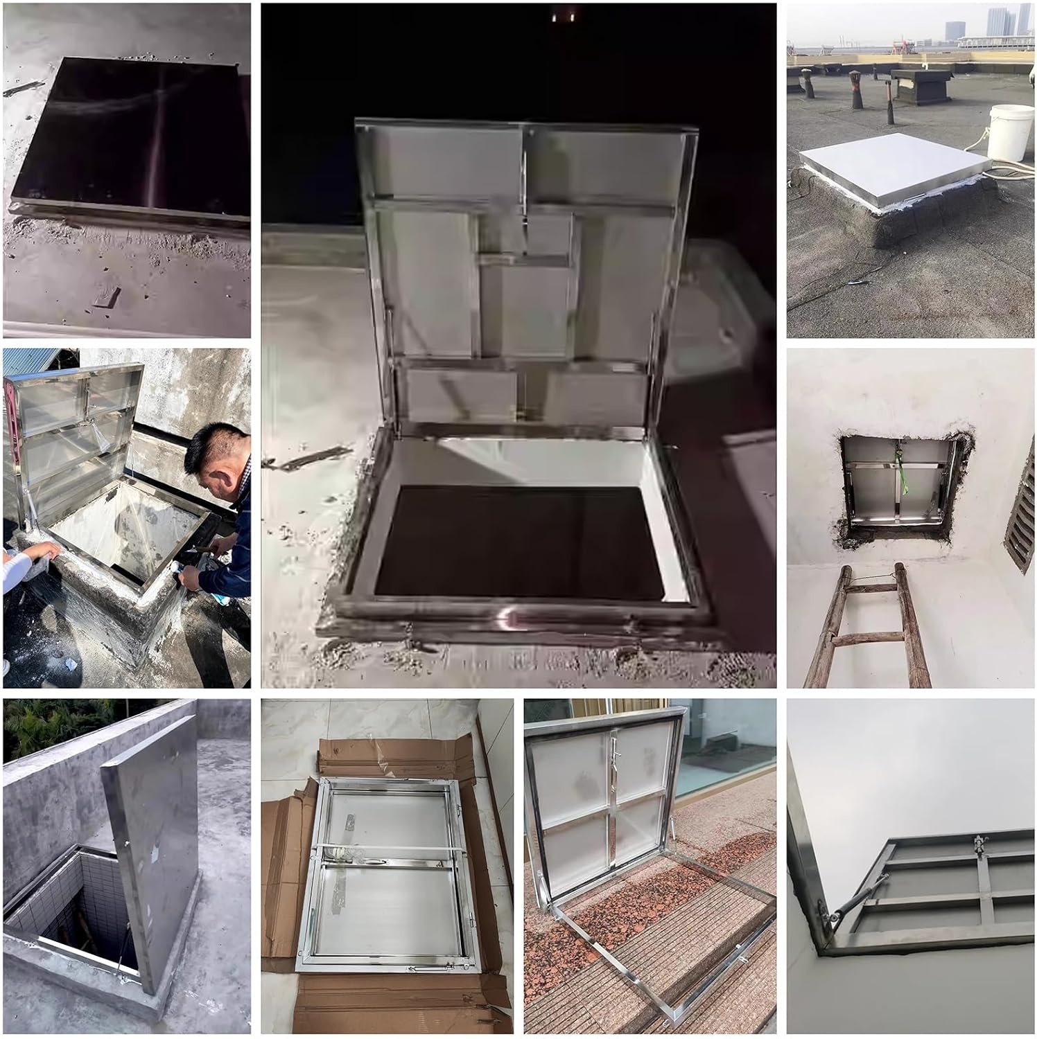 WDJBPSH 304 Stainless Steel Rooftop Access Hatch, 50 60 70 80 90 cm Leakproof Roof Exit Lid with Lift Supports & Door Latch, Silver Weatherproof Skylight Cover(LxW-60x50cm/23.6x19.7in)