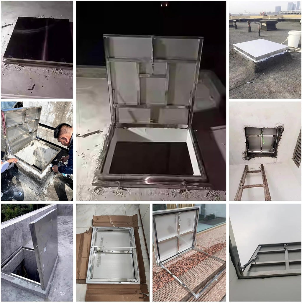 WDJBPSH 304 Stainless Steel Rooftop Access Hatch, 50 60 70 80 90 cm Leakproof Roof Exit Lid with Lift Supports & Door Latch, Silver Weatherproof Skylight Cover(LxW-50x80cm/19.7x31.5in)