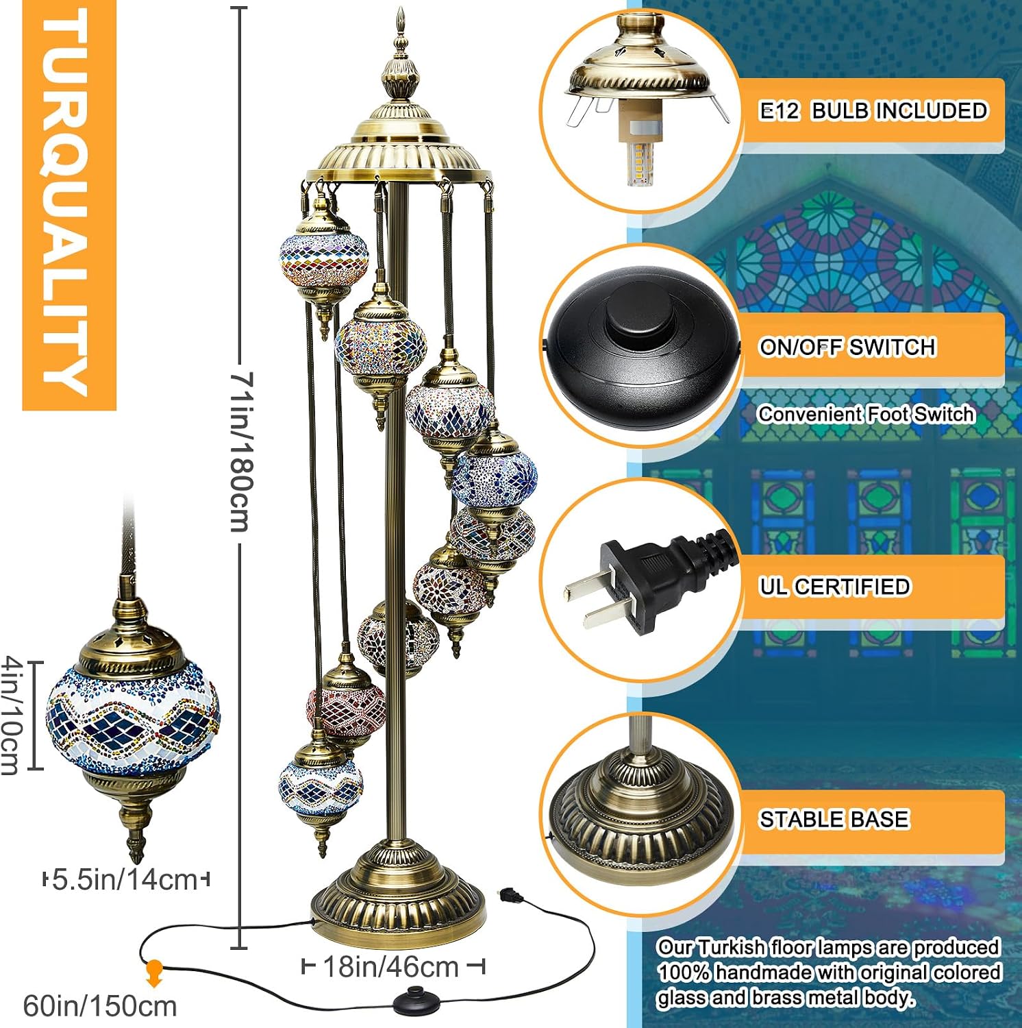 Hortsun Turkish Lamp Moroccan Floor Lamp Handmade Globe Living Floor Lighting Bohemia Standing Lighting for Decorative Home Designs(Floor,9 Globes Style)