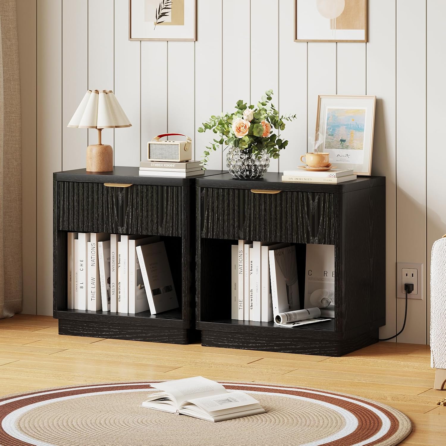 Fluted Night Stand Set of 2 with Charging Station, Wood Bedside Tables with Drawer & Open Shelf, Modern Matching Pair for Bedroom & Living Room, Black