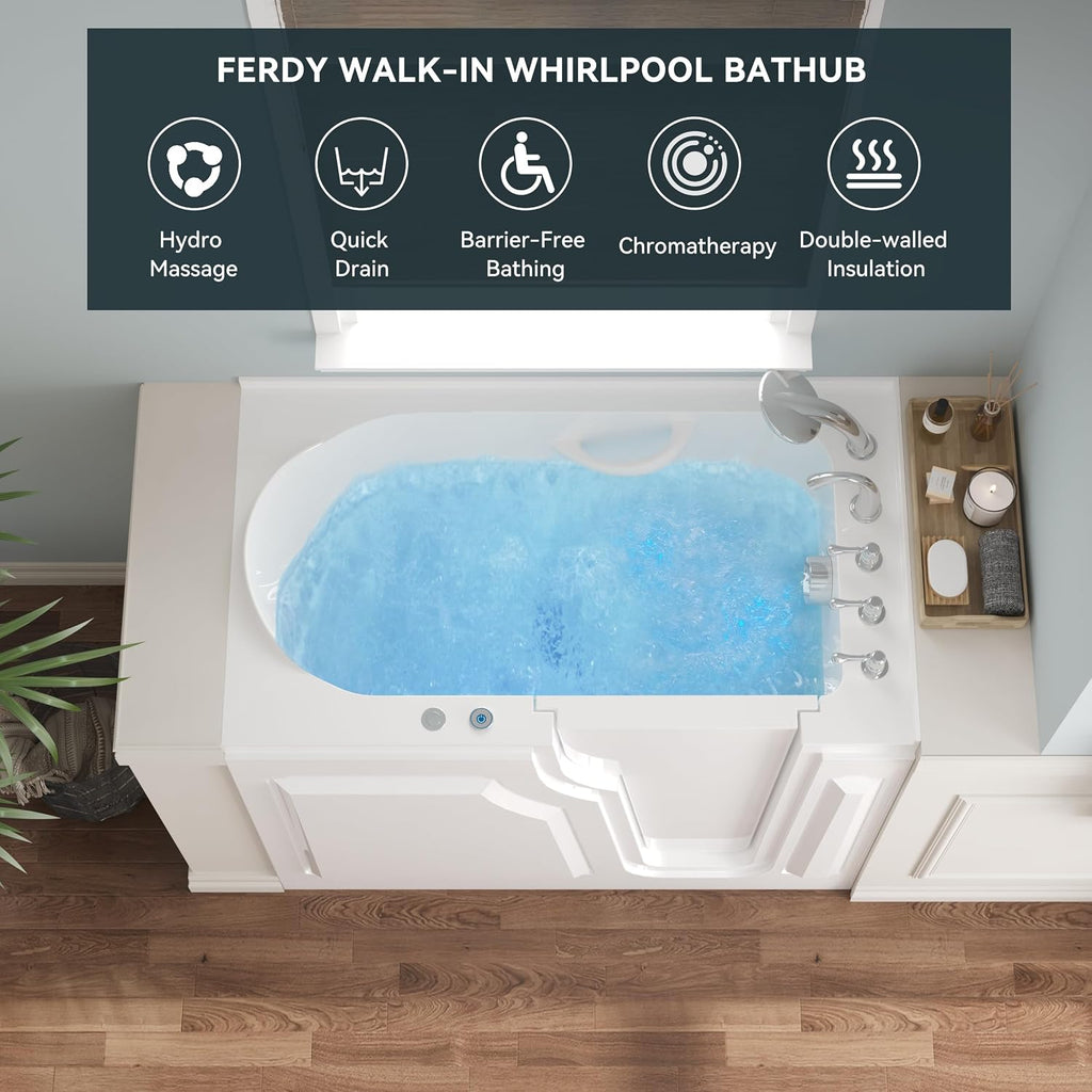 FerdY 52' x 30' Walk-in Whirlpool Bathtub with Right-Side Door Opening, 14 Air & Water Jets, Quick Fill and Drain System, Shower Combo with Rectangular Soaking Bathtub in White, Floridian