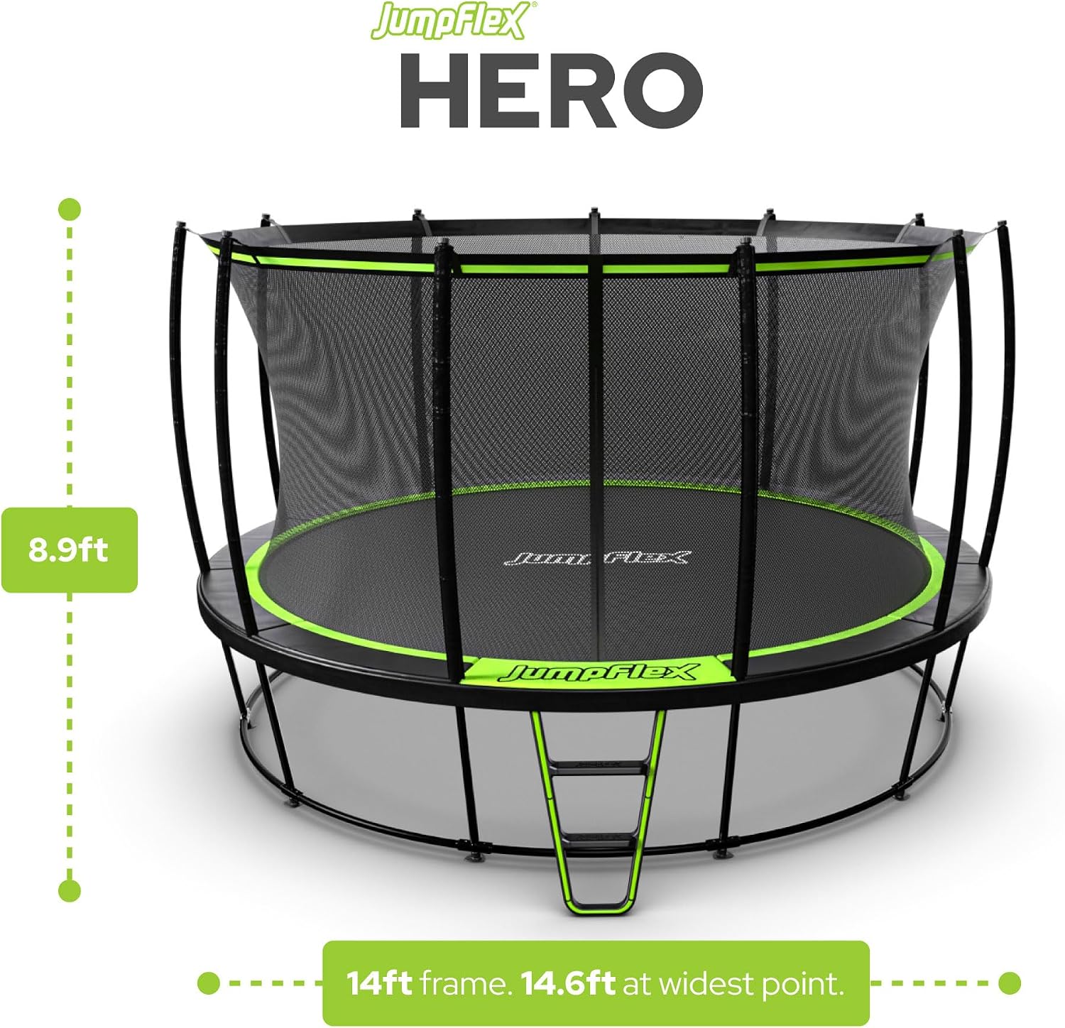 JumpFlex Hero Round Outdoor Backyard Trampoline with Net Safety Enclosure and Ladder - Heavy-Duty Jumping Trampoline Play Equipment for Family