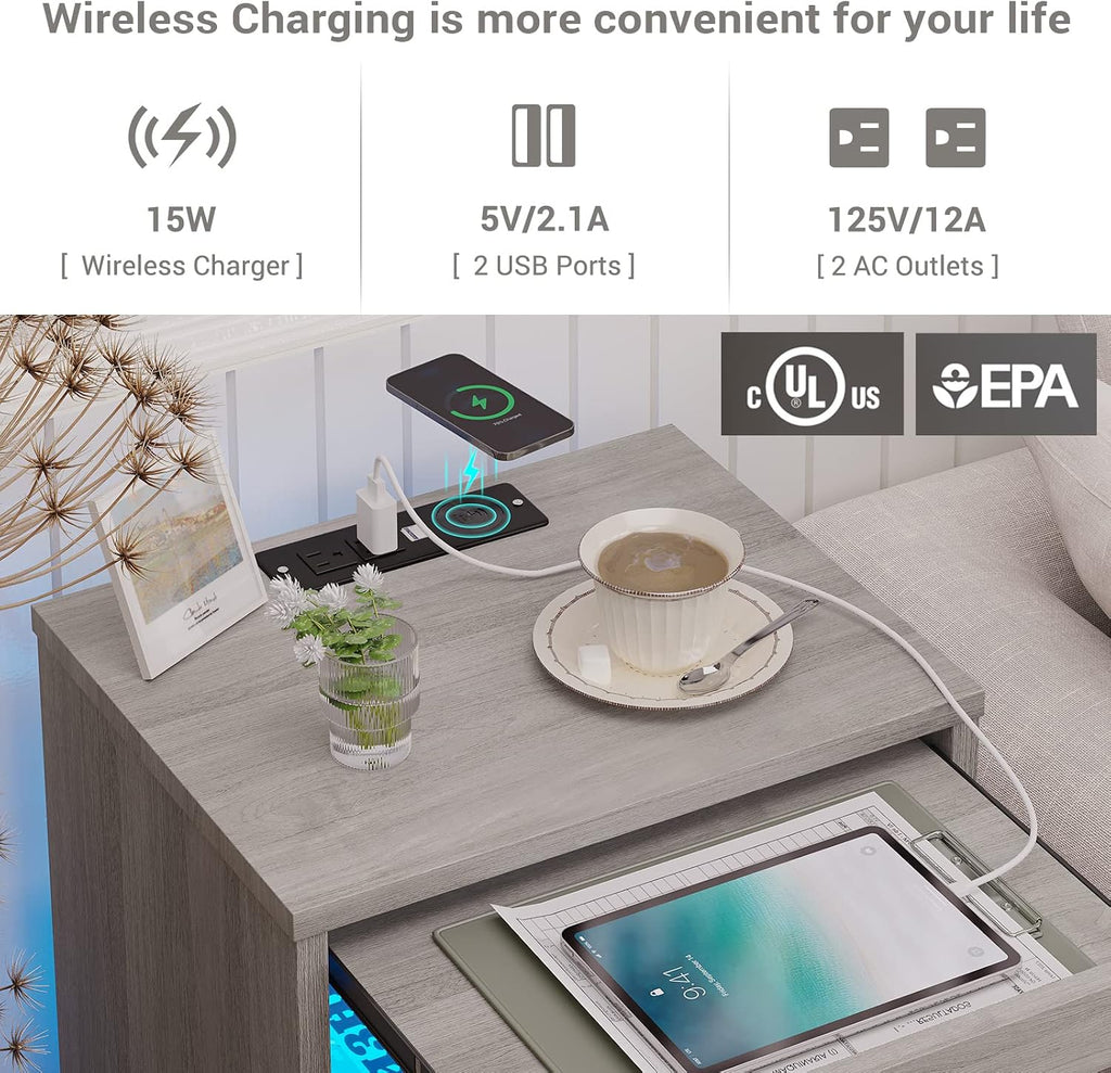 Tiptiper LED Nightstand Set of 2, Gray Nightstand with Wireless Charging Station, Night Stand with Drawers & Pull-Out Shelf, Modern Bedside Table with Storage, End Side Table