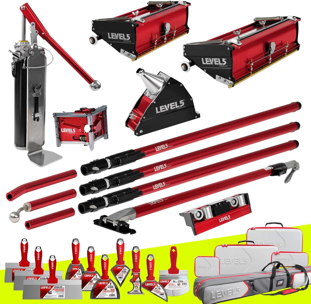 Drywall Finishing Set + Extension Handles - LEVEL5 | Pro-Grade | 10/12' Flat Boxes, Corner Roller, 3' Corner Finisher, 7' Corner Applicator, Pump | Sheetrock Gyprock Wallboard | 4-603